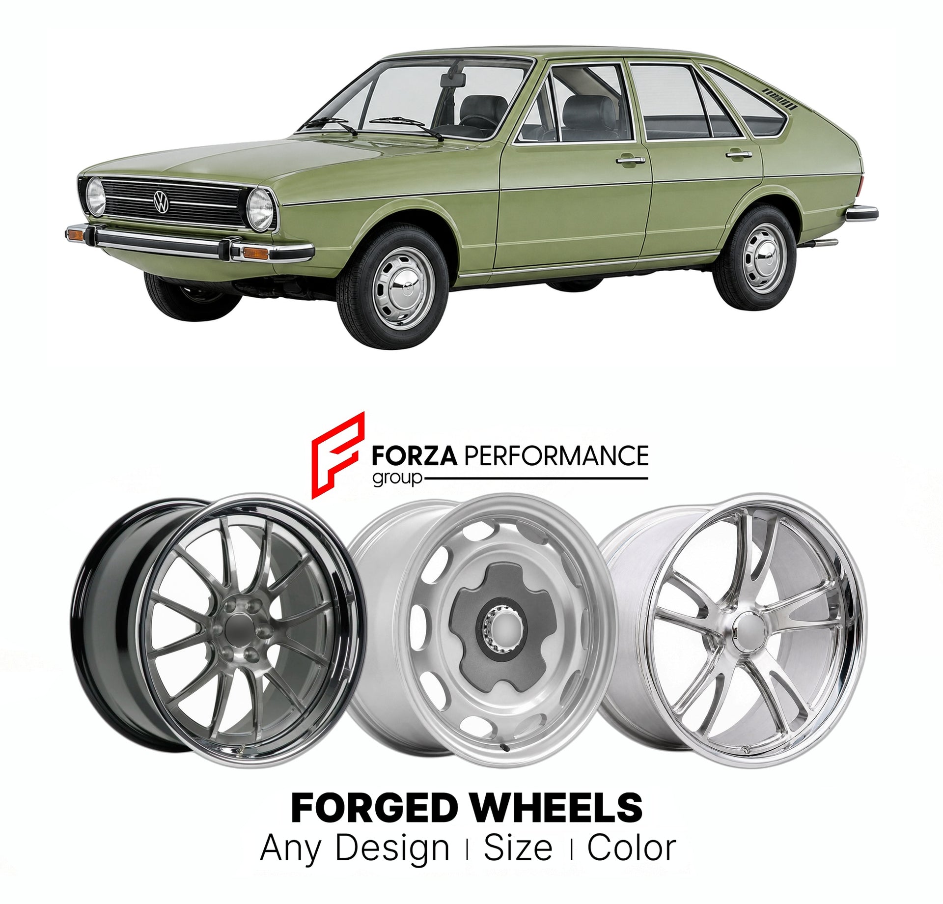 CUSTOM CLASSIC VINTAGE RESTOMOD RETRO OLD SCHOOL FORGED WHEELS RIMS for VOLKSWAGEN PASSAT B1 1973 - 1981

Custom forged wheels for Volkswagen Passat B1 1973 - 1981. Classic, vintage, restomod wheel designs made to order in custom sizes, offsets, colors and finishes.

We manufacture premium quality forged wheels rims for Volkswagen Passat B1 1973 - 1981 in any design, size, color.

THIS WHEEL DESIGN CAN BE CUSTOM-MADE FOR YOUR CAR IN ANY SIZE AND COLOR OPTIONS
Available in monoblock, 2-piece, 3-piece, duoblo
