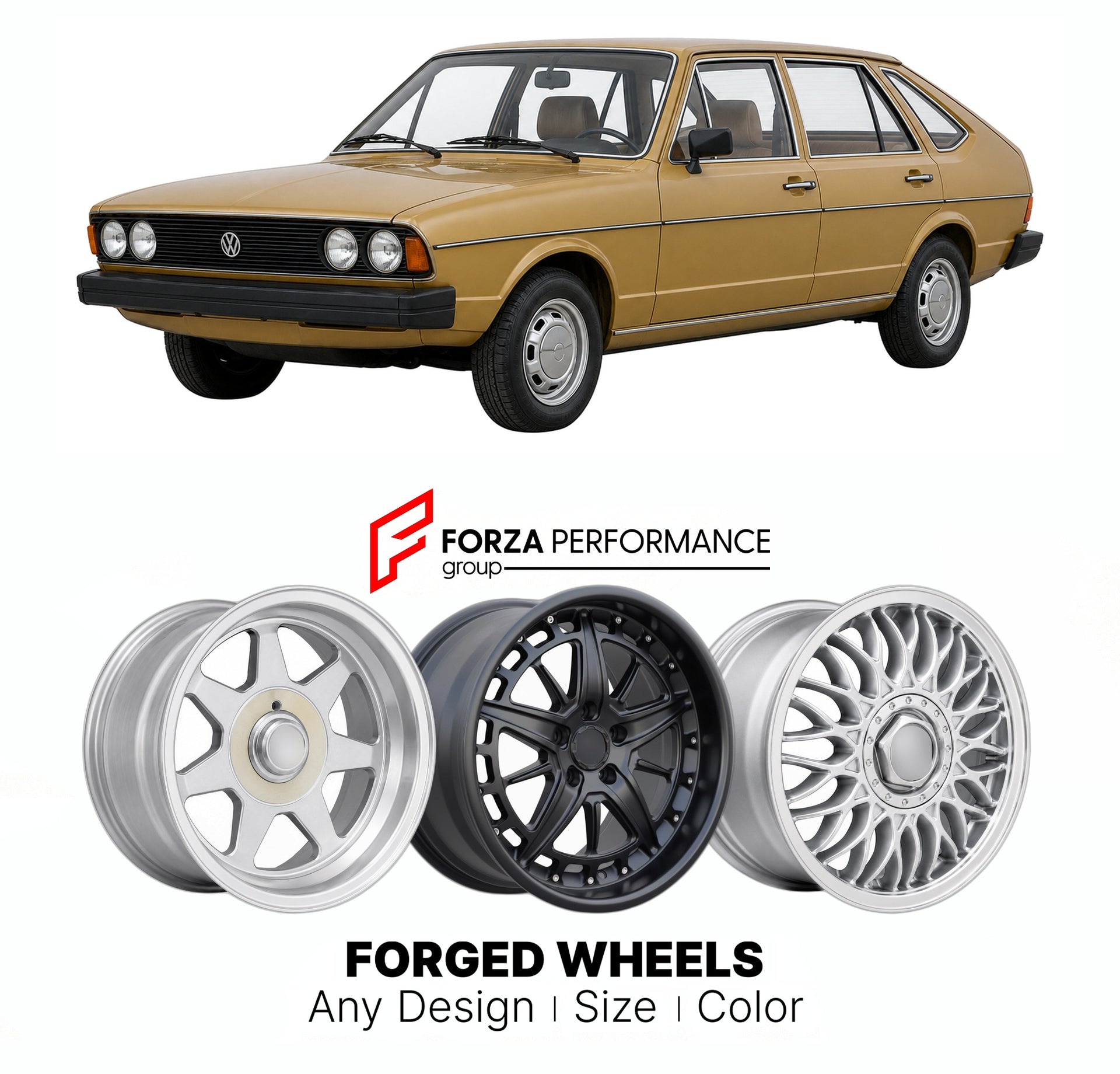 CUSTOM CLASSIC VINTAGE RESTOMOD RETRO OLD SCHOOL FORGED WHEELS RIMS for VOLKSWAGEN PASSAT B1 1974 - 1981

Custom forged wheels for Volkswagen Passat B1 1974 - 1981. Classic, vintage, restomod wheel designs made to order in custom sizes, offsets, colors and finishes.

We manufacture premium quality forged wheels rims for Volkswagen Passat B1 1974 - 1981 in any design, size, color.

THIS WHEEL DESIGN CAN BE CUSTOM-MADE FOR YOUR CAR IN ANY SIZE AND COLOR OPTIONS
Available in monoblock, 2-piece, 3-piece, duoblo