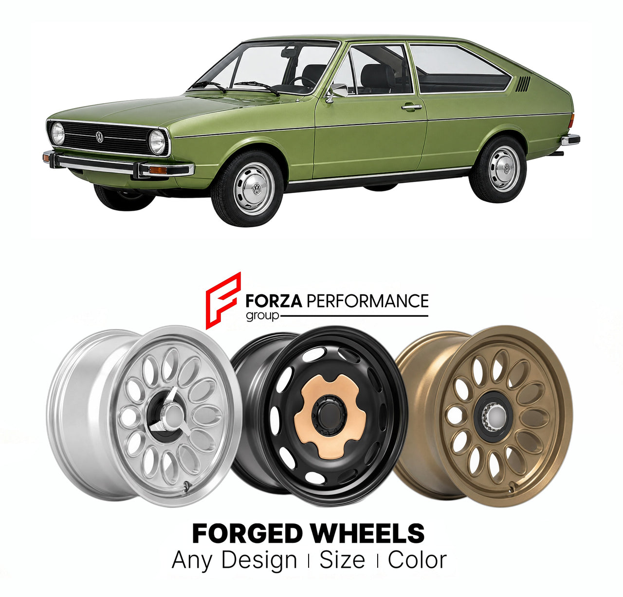 CUSTOM CLASSIC VINTAGE RESTOMOD RETRO OLD SCHOOL FORGED WHEELS RIMS for VOLKSWAGEN PASSAT B1 FASTBACK 1973 - 1981

Custom forged wheels for Volkswagen Passat B1 Fastback 1973 - 1981. Classic, vintage, restomod wheel designs made to order in custom sizes, offsets, colors and finishes.

We manufacture premium quality forged wheels rims for Volkswagen Passat B1 Fastback 1973 - 1981 in any design, size, color.

THIS WHEEL DESIGN CAN BE CUSTOM-MADE FOR YOUR CAR IN ANY SIZE AND COLOR OPTIONS
Available in monobloc