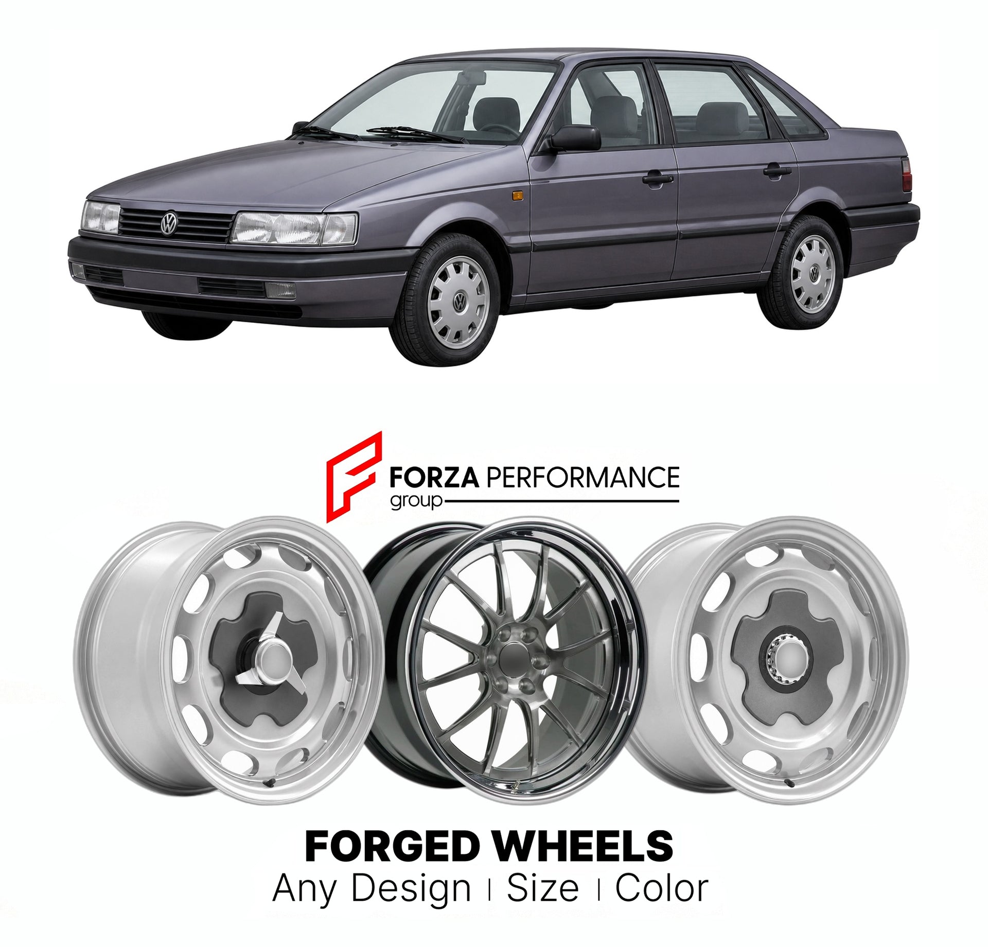 CUSTOM CLASSIC VINTAGE RESTOMOD RETRO OLD SCHOOL FORGED WHEELS RIMS for VOLKSWAGEN PASSAT B3 B4 1988 - 1996

Custom forged wheels for Volkswagen Passat B3 B4 1988 - 1996. Classic, vintage, restomod wheel designs made to order in custom sizes, offsets, colors and finishes.

We manufacture premium quality forged wheels rims for Volkswagen Passat B3 B4 1988 - 1996 in any design, size, color.

THIS WHEEL DESIGN CAN BE CUSTOM-MADE FOR YOUR CAR IN ANY SIZE AND COLOR OPTIONS
Available in monoblock, 2-piece, 3-piec