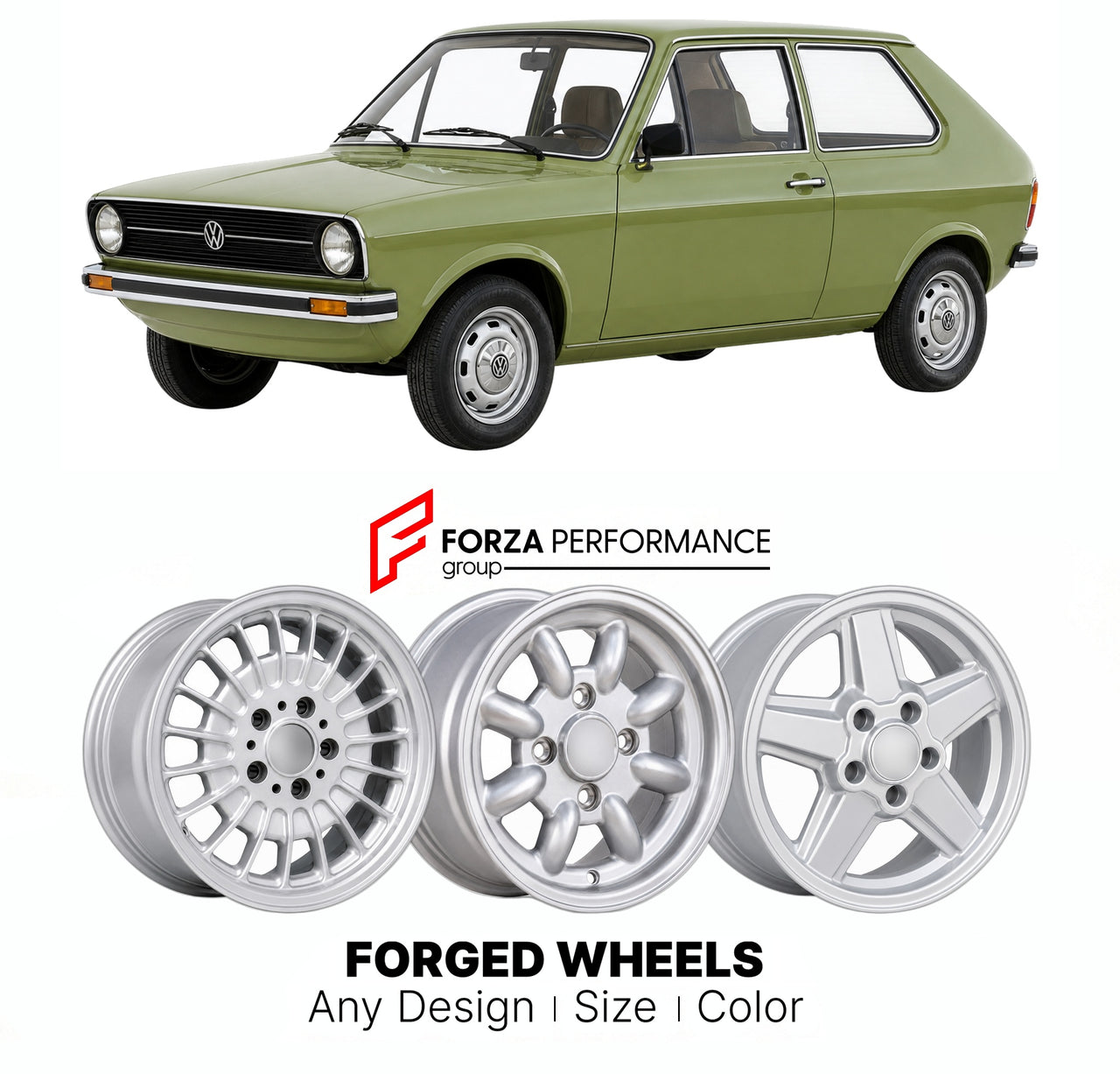 CUSTOM CLASSIC VINTAGE RESTOMOD RETRO OLD SCHOOL FORGED WHEELS RIMS for VOLKSWAGEN POLO MK 1 1975 - 1981

Custom forged wheels for Volkswagen Polo MK 1 1975 - 1981. Classic, vintage, restomod wheel designs made to order in custom sizes, offsets, colors and finishes.

We manufacture premium quality forged wheels rims for Volkswagen Polo MK 1 1975 - 1981 in any design, size, color.

THIS WHEEL DESIGN CAN BE CUSTOM-MADE FOR YOUR CAR IN ANY SIZE AND COLOR OPTIONS
Available in monoblock, 2-piece, 3-piece, duoblo