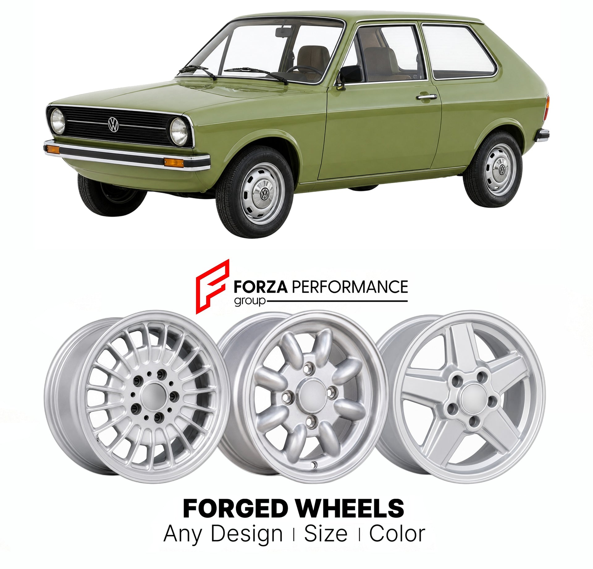 CUSTOM CLASSIC VINTAGE RESTOMOD RETRO OLD SCHOOL FORGED WHEELS RIMS for VOLKSWAGEN POLO MK 1 1975 - 1981

Custom forged wheels for Volkswagen Polo MK 1 1975 - 1981. Classic, vintage, restomod wheel designs made to order in custom sizes, offsets, colors and finishes.

We manufacture premium quality forged wheels rims for Volkswagen Polo MK 1 1975 - 1981 in any design, size, color.

THIS WHEEL DESIGN CAN BE CUSTOM-MADE FOR YOUR CAR IN ANY SIZE AND COLOR OPTIONS
Available in monoblock, 2-piece, 3-piece, duoblo