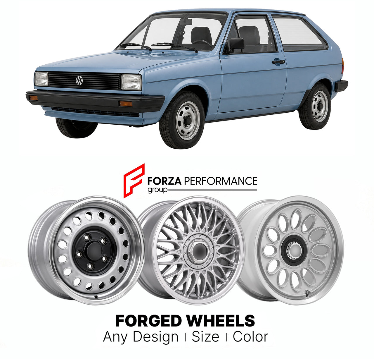 CUSTOM CLASSIC VINTAGE RESTOMOD RETRO OLD SCHOOL FORGED WHEELS RIMS for VOLKSWAGEN POLO MK 2 1981 - 1994

Custom forged wheels for Volkswagen Polo MK 2 1981 - 1994. Classic, vintage, restomod wheel designs made to order in custom sizes, offsets, colors and finishes.

We manufacture premium quality forged wheels rims for Volkswagen Polo MK 2 1981 - 1994 in any design, size, color.

THIS WHEEL DESIGN CAN BE CUSTOM-MADE FOR YOUR CAR IN ANY SIZE AND COLOR OPTIONS
Available in monoblock, 2-piece, 3-piece, duoblo