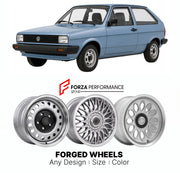 CUSTOM CLASSIC VINTAGE RESTOMOD RETRO OLD SCHOOL FORGED WHEELS RIMS for VOLKSWAGEN POLO MK 2 1981 - 1994

Custom forged wheels for Volkswagen Polo MK 2 1981 - 1994. Classic, vintage, restomod wheel designs made to order in custom sizes, offsets, colors and finishes.

We manufacture premium quality forged wheels rims for Volkswagen Polo MK 2 1981 - 1994 in any design, size, color.

THIS WHEEL DESIGN CAN BE CUSTOM-MADE FOR YOUR CAR IN ANY SIZE AND COLOR OPTIONS
Available in monoblock, 2-piece, 3-piece, duoblo