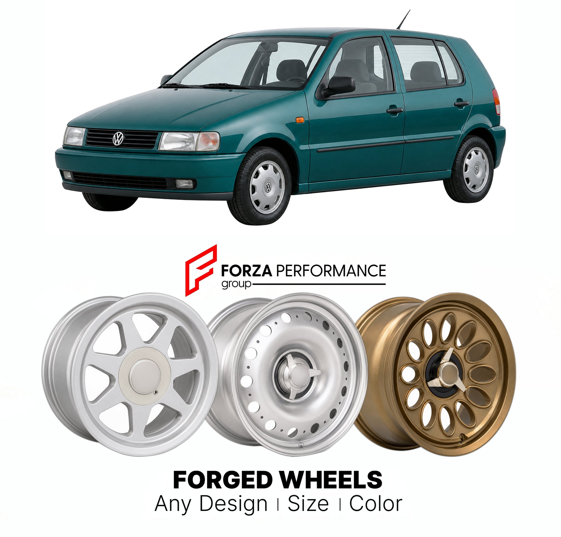 CUSTOM CLASSIC VINTAGE RESTOMOD RETRO OLD SCHOOL FORGED WHEELS RIMS for VOLKSWAGEN POLO MK 3 1994 - 2002

Custom forged wheels for Volkswagen Polo MK 3 1994 - 2002. Classic, vintage, restomod wheel designs made to order in custom sizes, offsets, colors and finishes.

We manufacture premium quality forged wheels rims for Volkswagen Polo MK 3 1994 - 2002 in any design, size, color.

THIS WHEEL DESIGN CAN BE CUSTOM-MADE FOR YOUR CAR IN ANY SIZE AND COLOR OPTIONS
Available in monoblock, 2-piece, 3-piece, duoblo