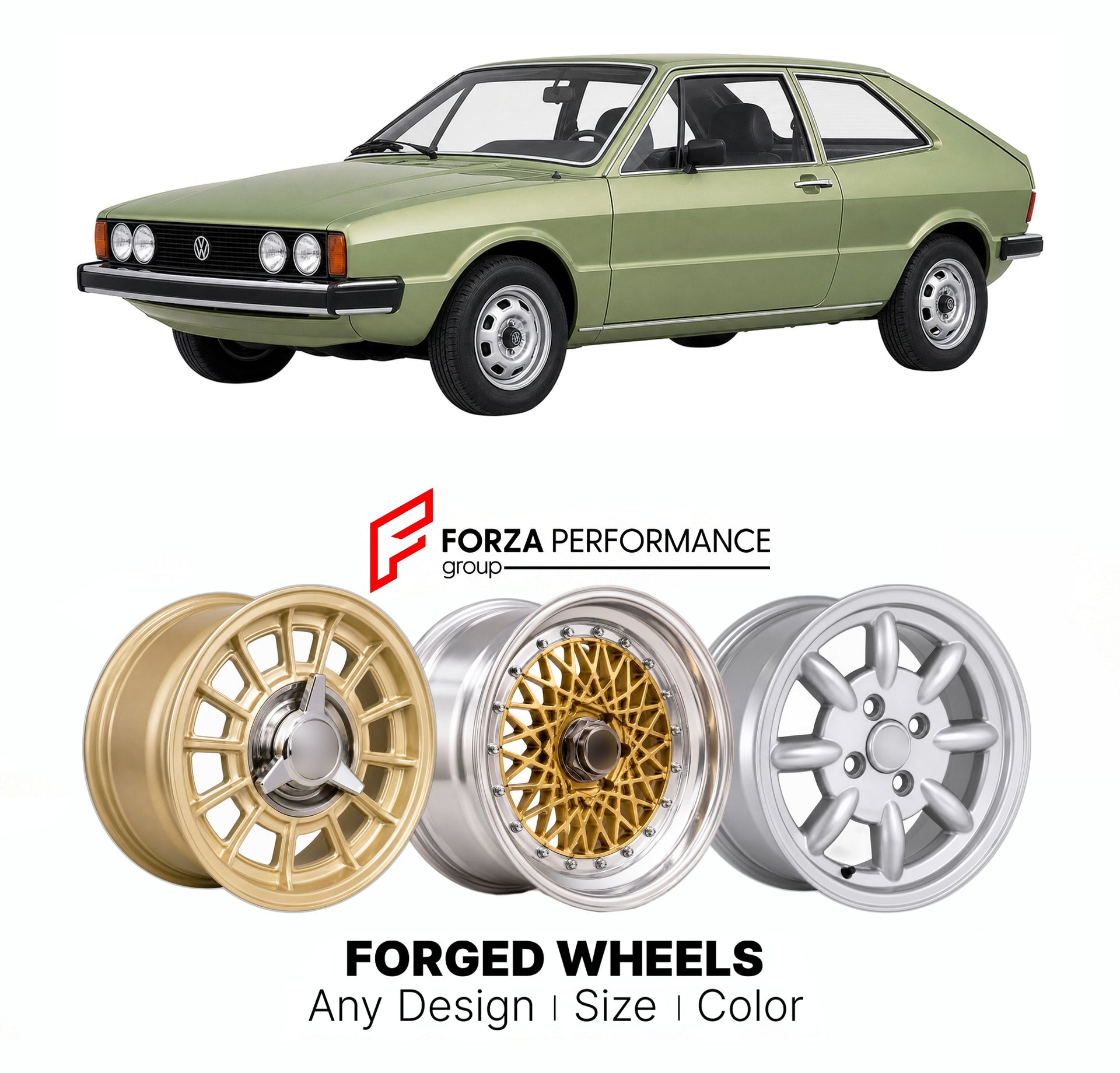 CUSTOM CLASSIC VINTAGE RESTOMOD RETRO OLD SCHOOL FORGED WHEELS RIMS for VOLKSWAGEN SCIROCCO MK 1 1974 - 1981

Custom forged wheels for Volkswagen Scirocco MK 1 1974 - 1981. Classic, vintage, restomod wheel designs made to order in custom sizes, offsets, colors and finishes.

We manufacture premium quality forged wheels rims for Volkswagen Scirocco MK 1 1974 - 1981 in any design, size, color.

THIS WHEEL DESIGN CAN BE CUSTOM-MADE FOR YOUR CAR IN ANY SIZE AND COLOR OPTIONS
Available in monoblock, 2-piece, 3-p
