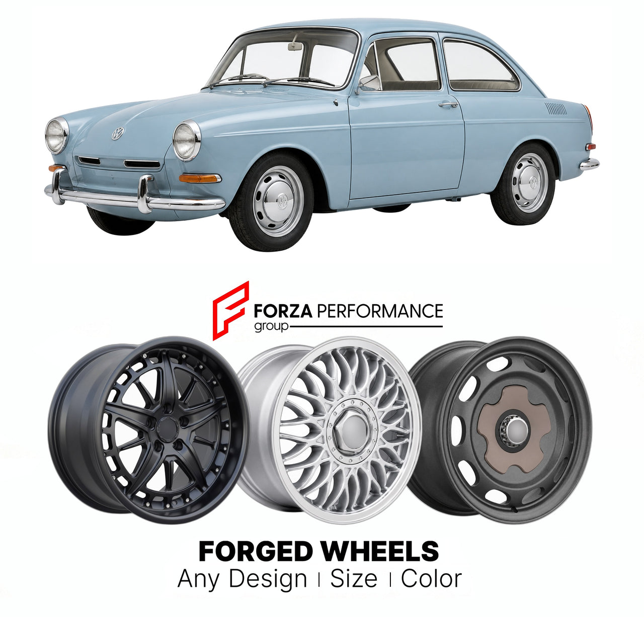 CUSTOM CLASSIC VINTAGE RESTOMOD RETRO OLD SCHOOL FORGED WHEELS RIMS for VOLKSWAGEN TYPE 3 1962 - 1973

Custom forged wheels for Volkswagen Type 3 1962 - 1973. Classic, vintage, restomod wheel designs made to order in custom sizes, offsets, colors and finishes.

We manufacture premium quality forged wheels rims for Volkswagen Type 3 1962 - 1973 in any design, size, color.

THIS WHEEL DESIGN CAN BE CUSTOM-MADE FOR YOUR CAR IN ANY SIZE AND COLOR OPTIONS
Available in monoblock, 2-piece, 3-piece, duoblock, beadl