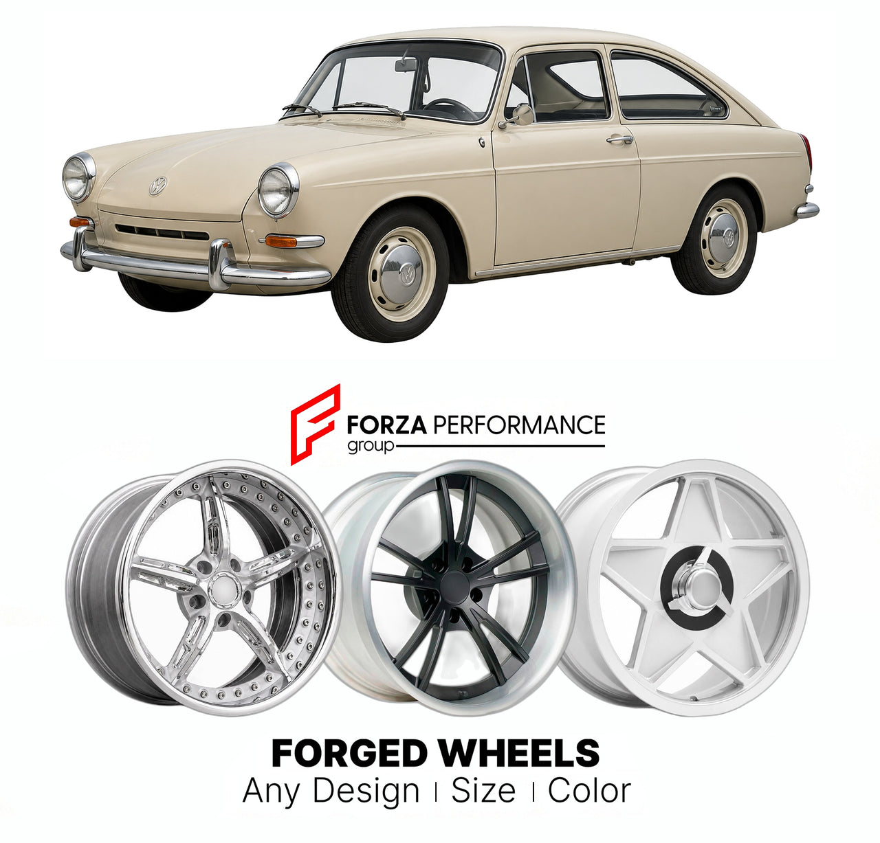 CUSTOM CLASSIC VINTAGE RESTOMOD RETRO OLD SCHOOL FORGED WHEELS RIMS for VOLKSWAGEN TYPE 3 FASTBACK NOTCHBACK 1961 - 1973

Custom forged wheels for Volkswagen Type 3 Fastback Notchback 1961 - 1973. Classic, vintage, restomod wheel designs made to order in custom sizes, offsets, colors and finishes.

We manufacture premium quality forged wheels rims for Volkswagen Type 3 Fastback Notchback 1961 - 1973 in any design, size, color.

THIS WHEEL DESIGN CAN BE CUSTOM-MADE FOR YOUR CAR IN ANY SIZE AND COLOR OPTIONS
