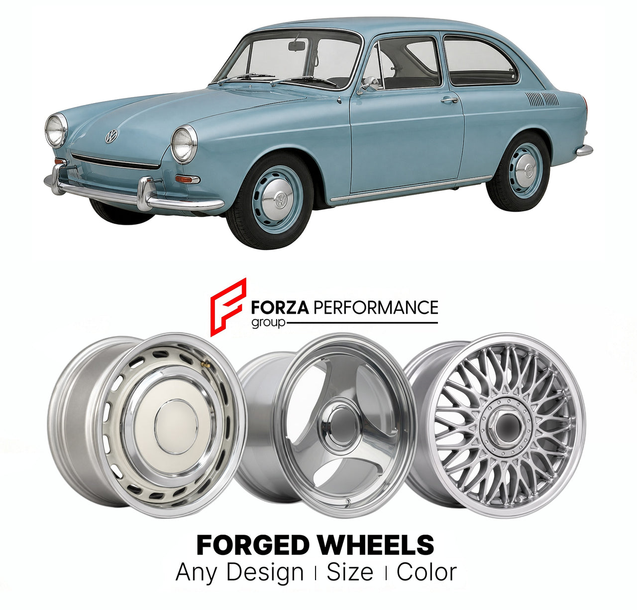 CUSTOM CLASSIC VINTAGE RESTOMOD RETRO OLD SCHOOL FORGED WHEELS RIMS for VOLKSWAGEN TYPE 3 FASTBACK NOTCHBACK SQUAREBACK 1961 - 1973

Custom forged wheels for Volkswagen Type 3 Fastback Notchback Squareback 1961 - 1973. Classic, vintage, restomod wheel designs made to order in custom sizes, offsets, colors and finishes.

We manufacture premium quality forged wheels rims for Volkswagen Type 3 Fastback Notchback Squareback 1961 - 1973 in any design, size, color.

THIS WHEEL DESIGN CAN BE CUSTOM-MADE FOR YOUR C