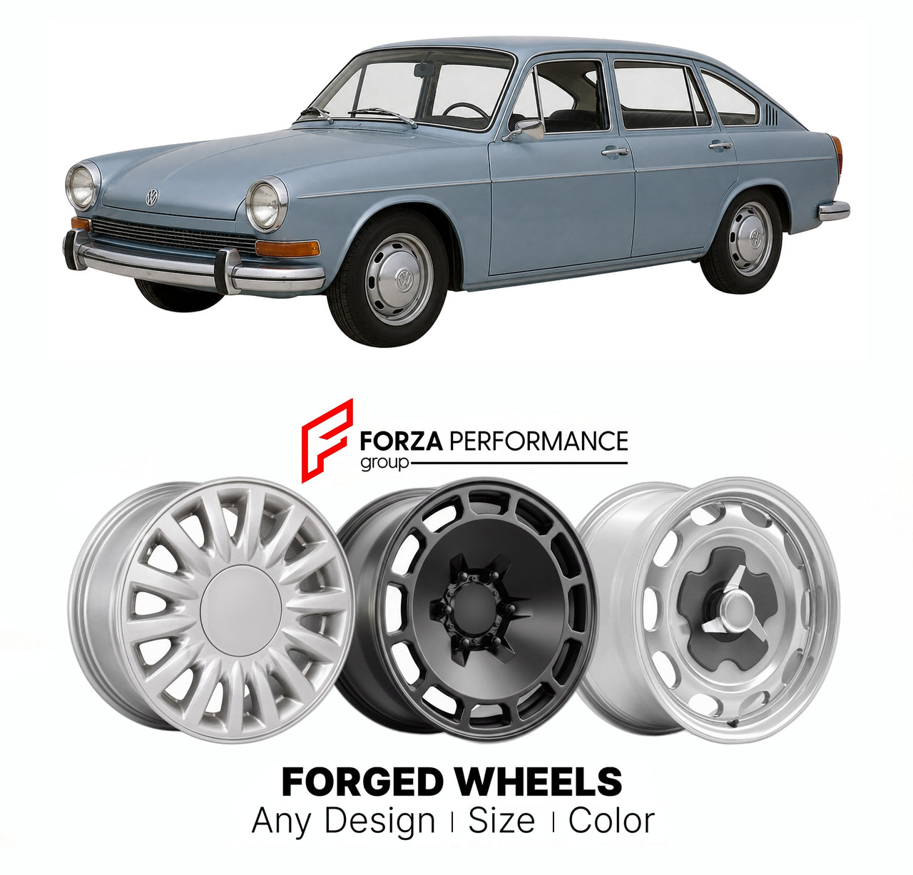 CUSTOM CLASSIC VINTAGE RESTOMOD RETRO OLD SCHOOL FORGED WHEELS RIMS for VOLKSWAGEN TYPE 4 411 412 1968 - 1974

Custom forged wheels for Volkswagen Type 4 411 412 1968 - 1974. Classic, vintage, restomod wheel designs made to order in custom sizes, offsets, colors and finishes.

We manufacture premium quality forged wheels rims for Volkswagen Type 4 411 412 1968 - 1974 in any design, size, color.

THIS WHEEL DESIGN CAN BE CUSTOM-MADE FOR YOUR CAR IN ANY SIZE AND COLOR OPTIONS
Available in monoblock, 2-piece, 