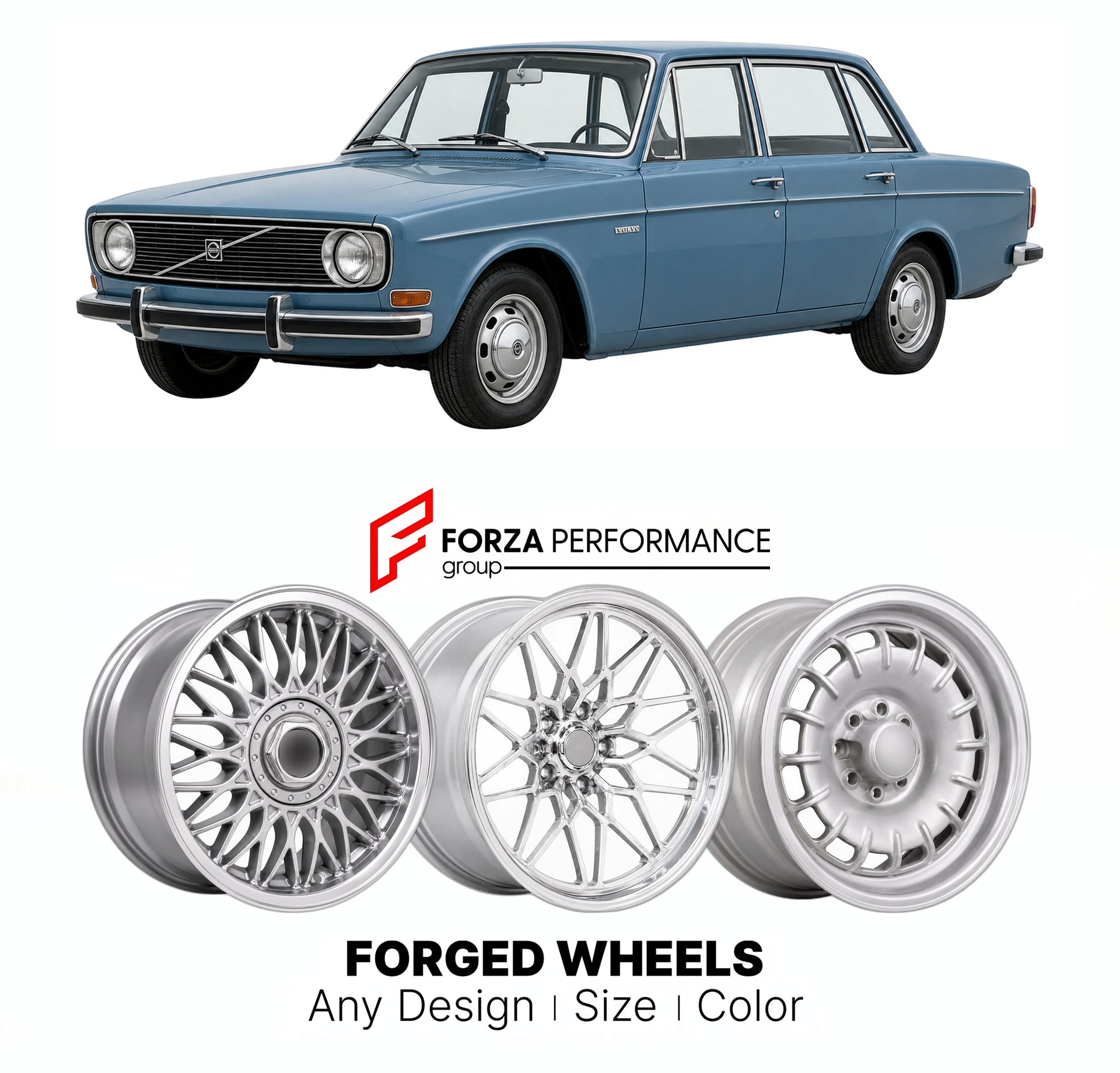 CUSTOM CLASSIC VINTAGE RESTOMOD RETRO OLD SCHOOL FORGED WHEELS RIMS for VOLVO 140 SERIES 142 144 1966 - 1974

Custom forged wheels for Volvo 140 Series 142 144 1966 - 1974. Classic, vintage, restomod wheel designs made to order in custom sizes, offsets, colors and finishes.

We manufacture premium quality forged wheels rims for Volvo 140 Series 142 144 1966 - 1974 in any design, size, color.

THIS WHEEL DESIGN CAN BE CUSTOM-MADE FOR YOUR CAR IN ANY SIZE AND COLOR OPTIONS
Available in monoblock, 2-piece, 3-p