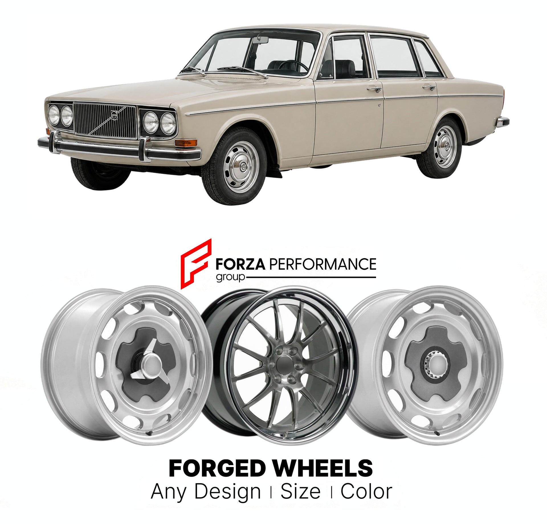 CUSTOM CLASSIC VINTAGE RESTOMOD RETRO OLD SCHOOL FORGED WHEELS RIMS for VOLVO 164 1968 - 1975

Custom forged wheels for Volvo 164 1968 - 1975. Classic, vintage, restomod wheel designs made to order in custom sizes, offsets, colors and finishes.

We manufacture premium quality forged wheels rims for Volvo 164 1968 - 1975 in any design, size, color.

THIS WHEEL DESIGN CAN BE CUSTOM-MADE FOR YOUR CAR IN ANY SIZE AND COLOR OPTIONS
Available in monoblock, 2-piece, 3-piece, duoblock, beadlock
3D wheel renderings 