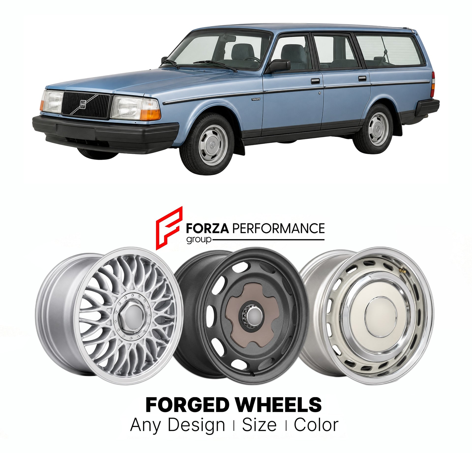CUSTOM CLASSIC VINTAGE RESTOMOD RETRO OLD SCHOOL FORGED WHEELS RIMS for VOLVO 240 1974 - 1993

Custom forged wheels for Volvo 240 1974 - 1993. Classic, vintage, restomod wheel designs made to order in custom sizes, offsets, colors and finishes.

We manufacture premium quality forged wheels rims for Volvo 240 1974 - 1993 in any design, size, color.

THIS WHEEL DESIGN CAN BE CUSTOM-MADE FOR YOUR CAR IN ANY SIZE AND COLOR OPTIONS
Available in monoblock, 2-piece, 3-piece, duoblock, beadlock
3D wheel renderings 