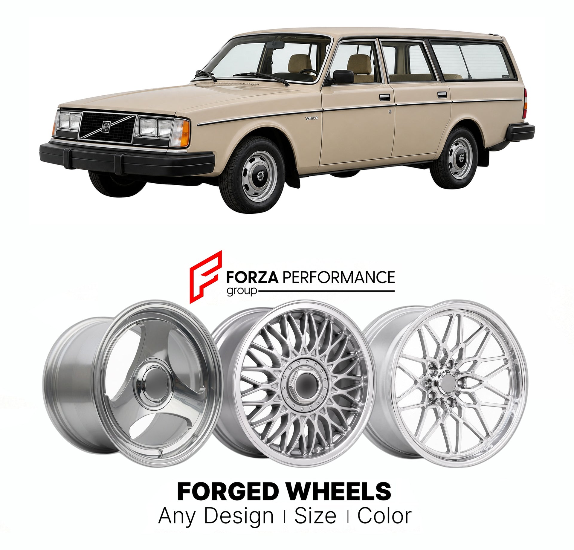 CUSTOM CLASSIC VINTAGE RESTOMOD RETRO OLD SCHOOL FORGED WHEELS RIMS for VOLVO 240 SERIES 1974 - 1993

Custom forged wheels for Volvo 240 Series 1974 - 1993. Classic, vintage, restomod wheel designs made to order in custom sizes, offsets, colors and finishes.

We manufacture premium quality forged wheels rims for Volvo 240 Series 1974 - 1993 in any design, size, color.

THIS WHEEL DESIGN CAN BE CUSTOM-MADE FOR YOUR CAR IN ANY SIZE AND COLOR OPTIONS
Available in monoblock, 2-piece, 3-piece, duoblock, beadlock