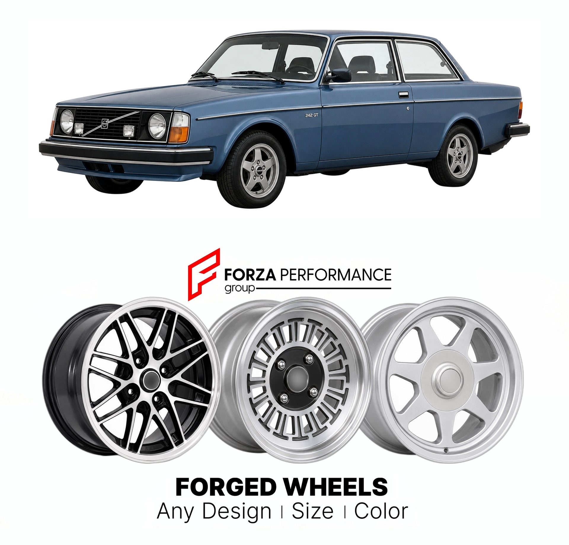 CUSTOM CLASSIC VINTAGE RESTOMOD RETRO OLD SCHOOL FORGED WHEELS RIMS for VOLVO 242 GT 240 COUPE 1978 - 1980

Custom forged wheels for Volvo 242 GT 240 Coupe 1978 - 1980. Classic, vintage, restomod wheel designs made to order in custom sizes, offsets, colors and finishes.

We manufacture premium quality forged wheels rims for Volvo 242 GT 240 Coupe 1978 - 1980 in any design, size, color.

THIS WHEEL DESIGN CAN BE CUSTOM-MADE FOR YOUR CAR IN ANY SIZE AND COLOR OPTIONS
Available in monoblock, 2-piece, 3-piece, 