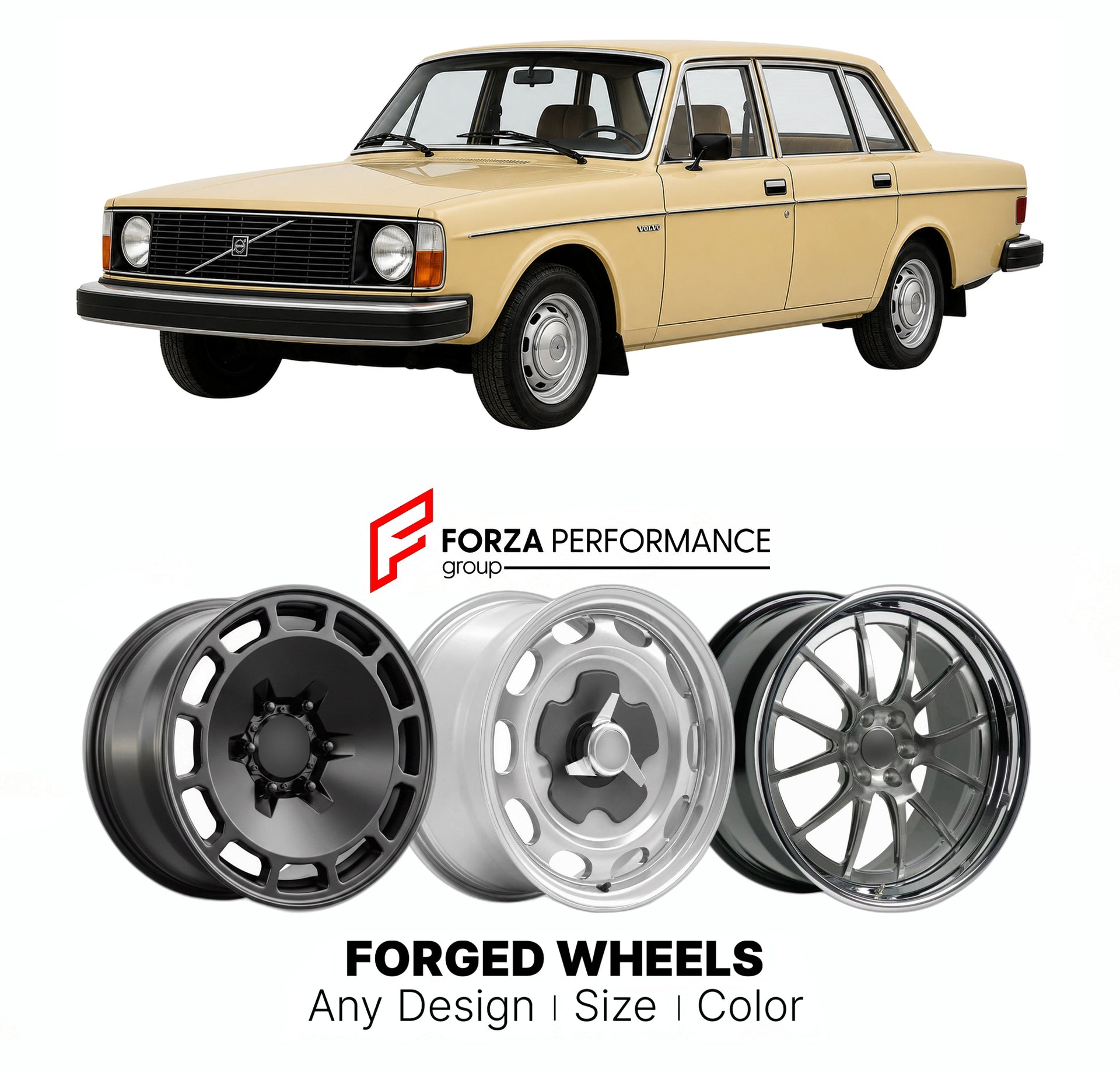 CUSTOM CLASSIC VINTAGE RESTOMOD RETRO OLD SCHOOL FORGED WHEELS RIMS for VOLVO 260 SERIES 1974 - 1982

Custom forged wheels for Volvo 260 Series 1974 - 1982. Classic, vintage, restomod wheel designs made to order in custom sizes, offsets, colors and finishes.

We manufacture premium quality forged wheels rims for Volvo 260 Series 1974 - 1982 in any design, size, color.

THIS WHEEL DESIGN CAN BE CUSTOM-MADE FOR YOUR CAR IN ANY SIZE AND COLOR OPTIONS
Available in monoblock, 2-piece, 3-piece, duoblock, beadlock