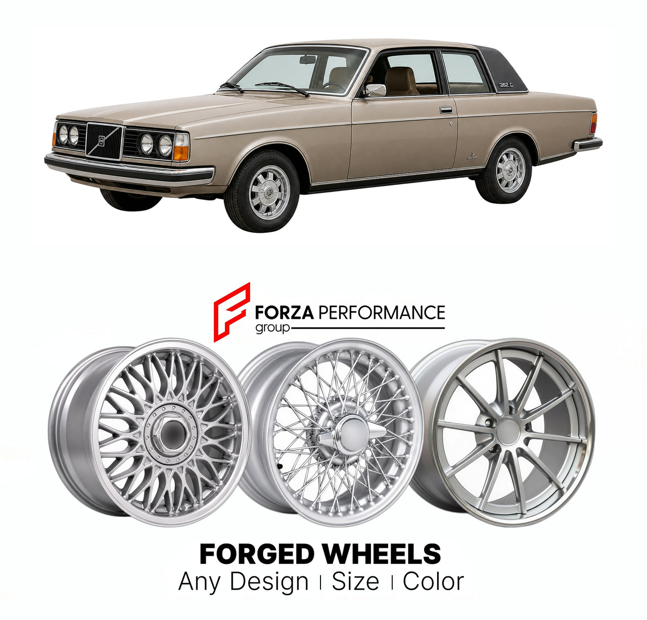 CUSTOM CLASSIC VINTAGE RESTOMOD RETRO OLD SCHOOL FORGED WHEELS RIMS for VOLVO 262C BERTONE 260 SERIES COUPE 1977 - 1981

Custom forged wheels for Volvo 262C Bertone 260 Series Coupe 1977 - 1981. Classic, vintage, restomod wheel designs made to order in custom sizes, offsets, colors and finishes.

We manufacture premium quality forged wheels rims for Volvo 262C Bertone 260 Series Coupe 1977 - 1981 in any design, size, color.

THIS WHEEL DESIGN CAN BE CUSTOM-MADE FOR YOUR CAR IN ANY SIZE AND COLOR OPTIONS
Ava