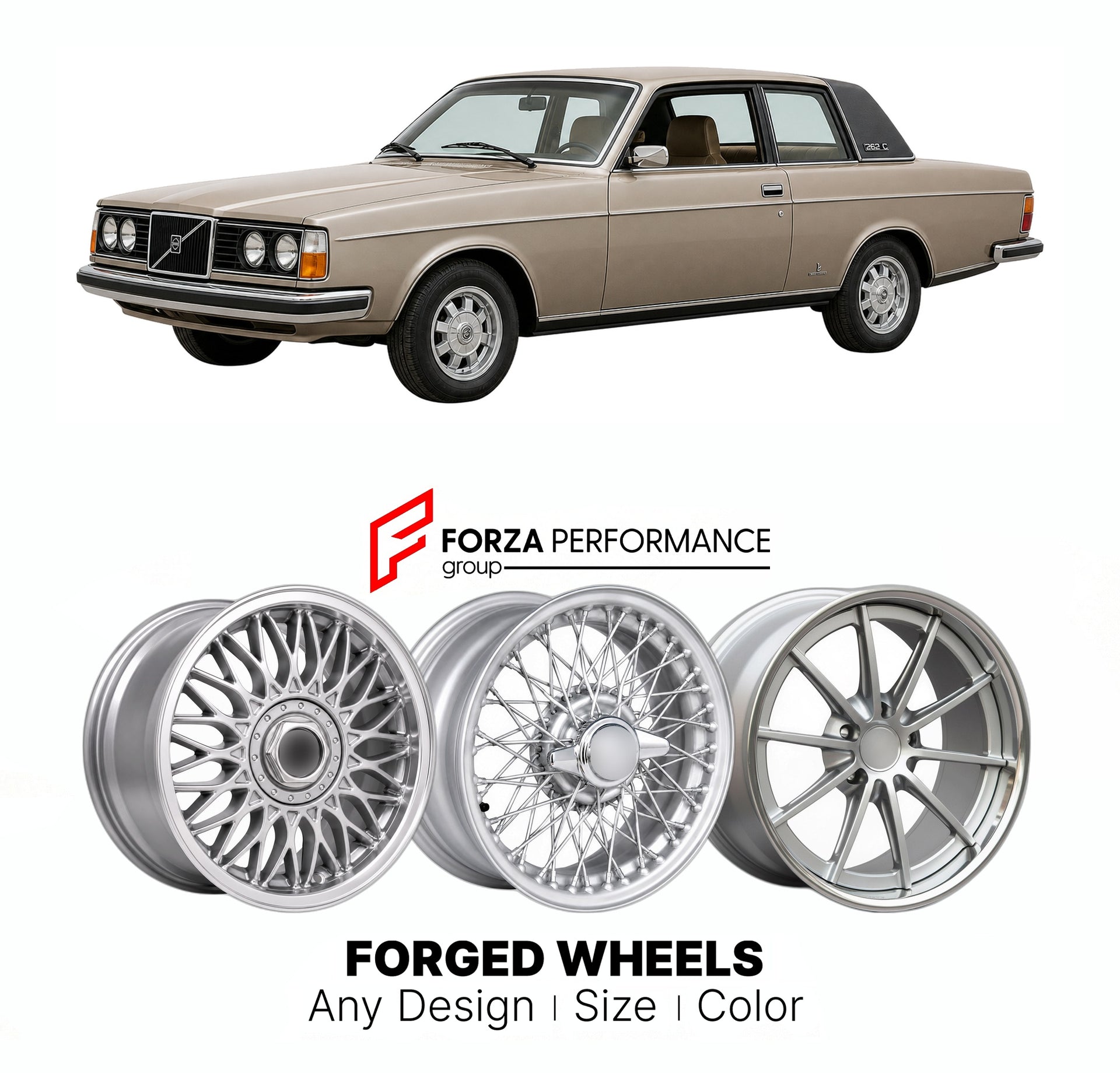 CUSTOM CLASSIC VINTAGE RESTOMOD RETRO OLD SCHOOL FORGED WHEELS RIMS for VOLVO 262C BERTONE 260 SERIES COUPE 1977 - 1981

Custom forged wheels for Volvo 262C Bertone 260 Series Coupe 1977 - 1981. Classic, vintage, restomod wheel designs made to order in custom sizes, offsets, colors and finishes.

We manufacture premium quality forged wheels rims for Volvo 262C Bertone 260 Series Coupe 1977 - 1981 in any design, size, color.

THIS WHEEL DESIGN CAN BE CUSTOM-MADE FOR YOUR CAR IN ANY SIZE AND COLOR OPTIONS
Ava