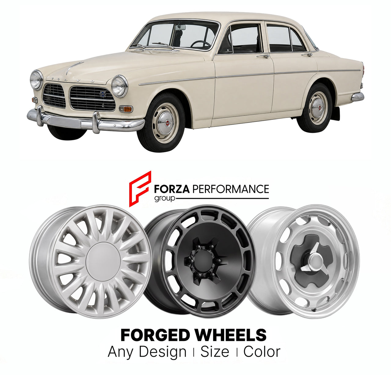 CUSTOM CLASSIC VINTAGE RESTOMOD RETRO OLD SCHOOL FORGED WHEELS RIMS for VOLVO AMAZON 120 SERIES 1956 - 1970

Custom forged wheels for Volvo Amazon 120 Series 1956 - 1970. Classic, vintage, restomod wheel designs made to order in custom sizes, offsets, colors and finishes.

We manufacture premium quality forged wheels rims for Volvo Amazon 120 Series 1956 - 1970 in any design, size, color.

THIS WHEEL DESIGN CAN BE CUSTOM-MADE FOR YOUR CAR IN ANY SIZE AND COLOR OPTIONS
Available in monoblock, 2-piece, 3-piec