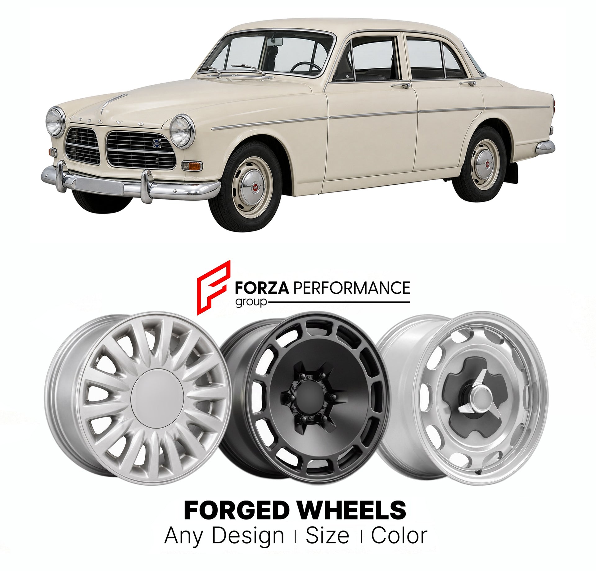 CUSTOM CLASSIC VINTAGE RESTOMOD RETRO OLD SCHOOL FORGED WHEELS RIMS for VOLVO AMAZON 120 SERIES 1956 - 1970

Custom forged wheels for Volvo Amazon 120 Series 1956 - 1970. Classic, vintage, restomod wheel designs made to order in custom sizes, offsets, colors and finishes.

We manufacture premium quality forged wheels rims for Volvo Amazon 120 Series 1956 - 1970 in any design, size, color.

THIS WHEEL DESIGN CAN BE CUSTOM-MADE FOR YOUR CAR IN ANY SIZE AND COLOR OPTIONS
Available in monoblock, 2-piece, 3-piec