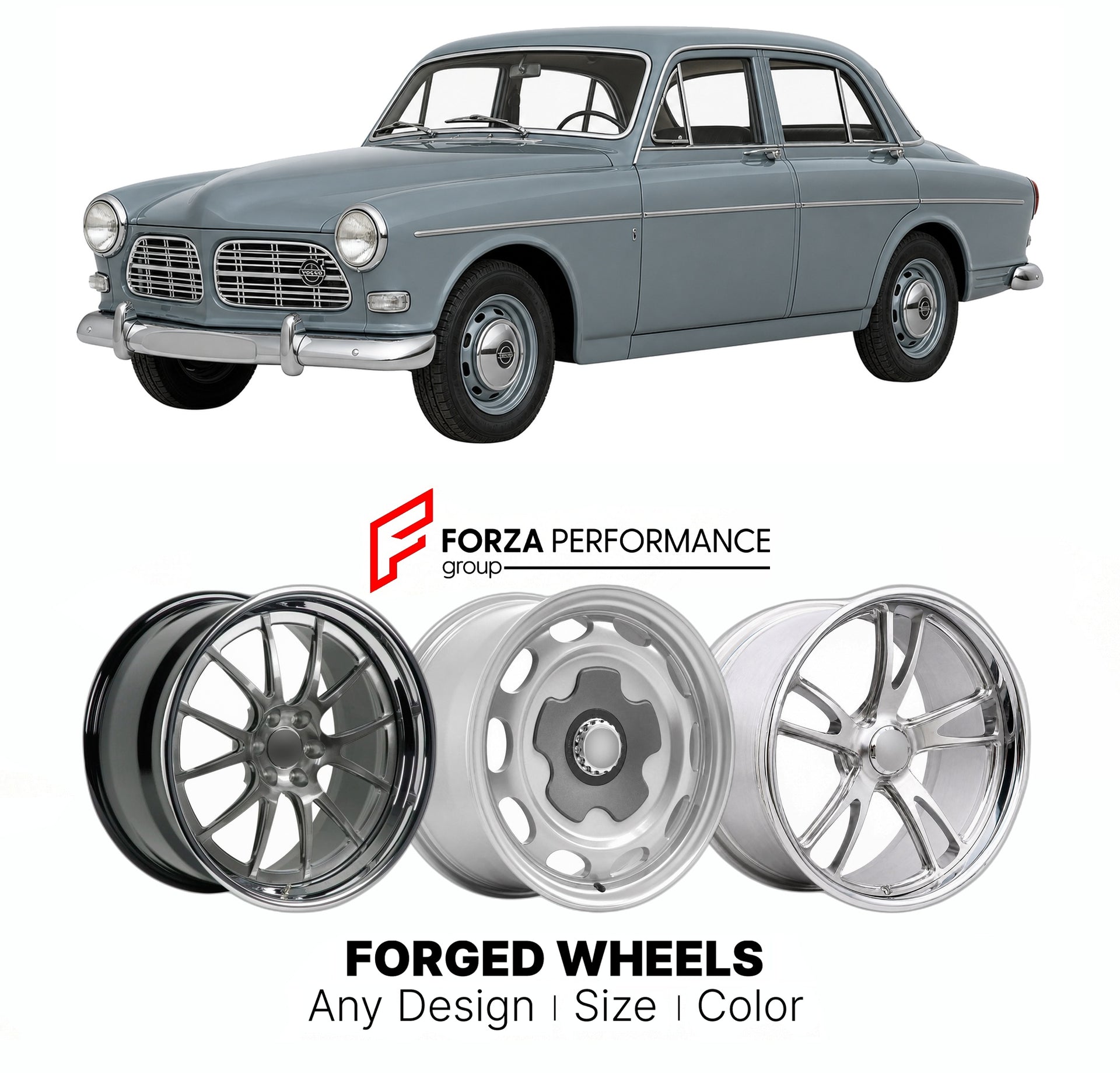 CUSTOM CLASSIC VINTAGE RESTOMOD RETRO OLD SCHOOL FORGED WHEELS RIMS for VOLVO AMAZON 121 122S 1956 - 1970

Custom forged wheels for Volvo Amazon 121 122S 1956 - 1970. Classic, vintage, restomod wheel designs made to order in custom sizes, offsets, colors and finishes.

We manufacture premium quality forged wheels rims for Volvo Amazon 121 122S 1956 - 1970 in any design, size, color.

THIS WHEEL DESIGN CAN BE CUSTOM-MADE FOR YOUR CAR IN ANY SIZE AND COLOR OPTIONS
Available in monoblock, 2-piece, 3-piece, duo