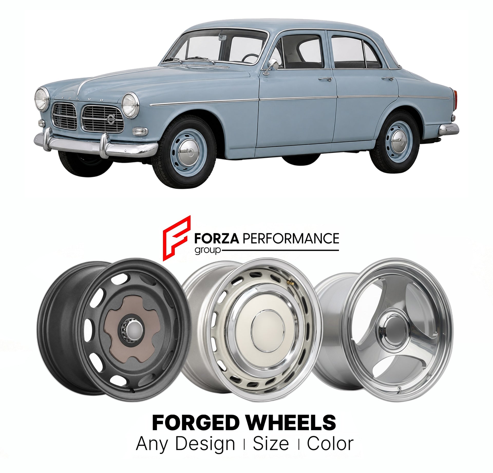 CUSTOM CLASSIC VINTAGE RESTOMOD RETRO OLD SCHOOL FORGED WHEELS RIMS for VOLVO AMAZON P120 P130 1956 - 1970

Custom forged wheels for Volvo Amazon P120 P130 1956 - 1970. Classic, vintage, restomod wheel designs made to order in custom sizes, offsets, colors and finishes.

We manufacture premium quality forged wheels rims for Volvo Amazon P120 P130 1956 - 1970 in any design, size, color.

THIS WHEEL DESIGN CAN BE CUSTOM-MADE FOR YOUR CAR IN ANY SIZE AND COLOR OPTIONS
Available in monoblock, 2-piece, 3-piece, 