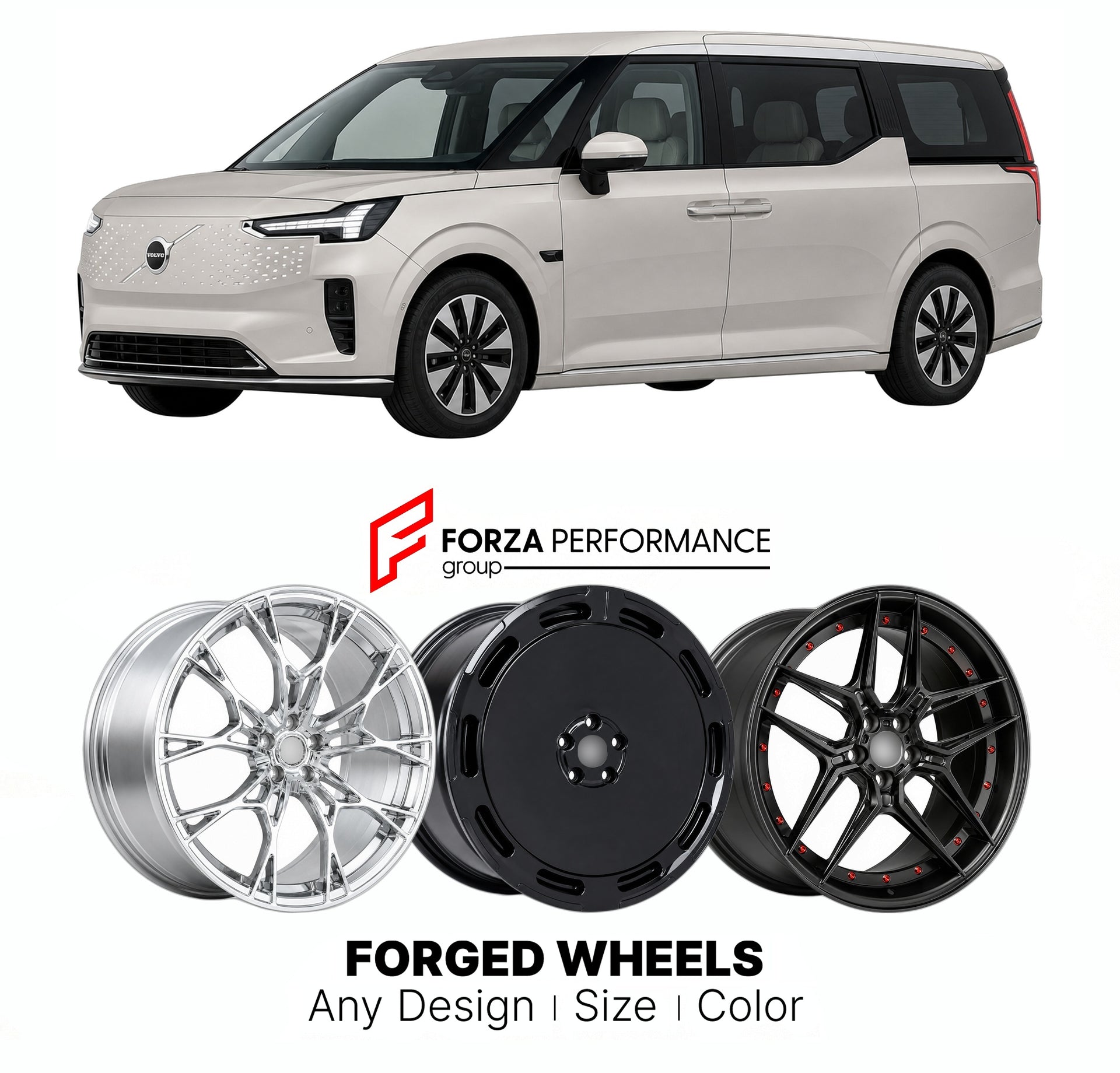 Custom forged wheels for Volvo Geely EM90 2023+. Made-to-order monoblock, 2-piece and 3-piece wheels in custom sizes, offsets, colors and finishes with guaranteed vehicle fitment.

We manufacture premium quality forged wheels rims for Volvo Geely EM90 2023+ in any design, size, color.

THIS WHEEL DESIGN CAN BE CUSTOM-MADE FOR YOUR CAR IN ANY SIZE AND COLOR OPTIONS
Available in monoblock, 2-piece, 3-piece, duoblock, beadlock
3D wheel renderings are provided according to the exact dimensions and specification