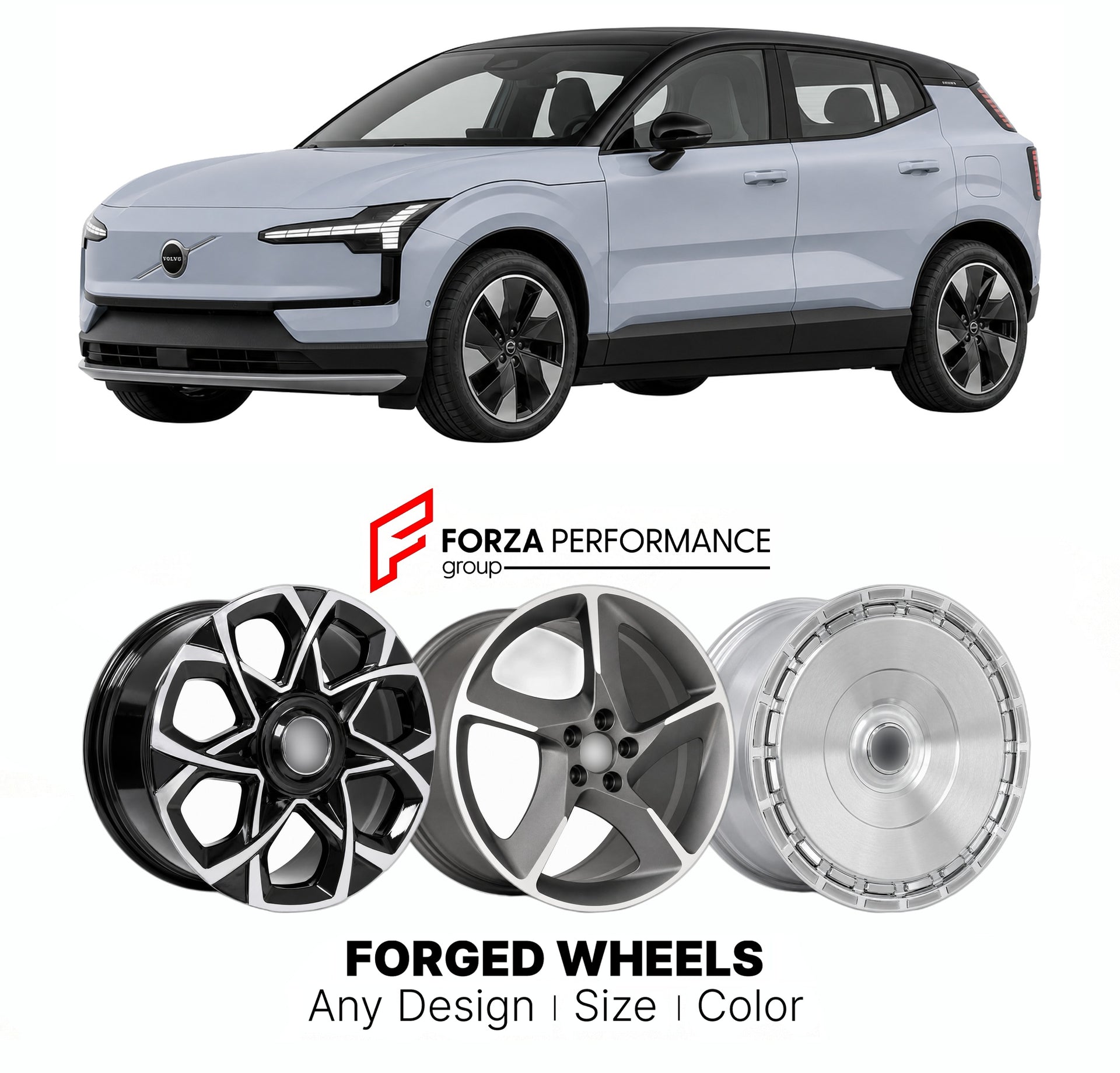 Custom forged wheels for Volvo Geely EX30 2023+. Made-to-order monoblock, 2-piece and 3-piece wheels in custom sizes, offsets, colors and finishes with guaranteed vehicle fitment.

We manufacture premium quality forged wheels rims for Volvo Geely EX30 2023+ in any design, size, color.

THIS WHEEL DESIGN CAN BE CUSTOM-MADE FOR YOUR CAR IN ANY SIZE AND COLOR OPTIONS
Available in monoblock, 2-piece, 3-piece, duoblock, beadlock
3D wheel renderings are provided according to the exact dimensions and specification