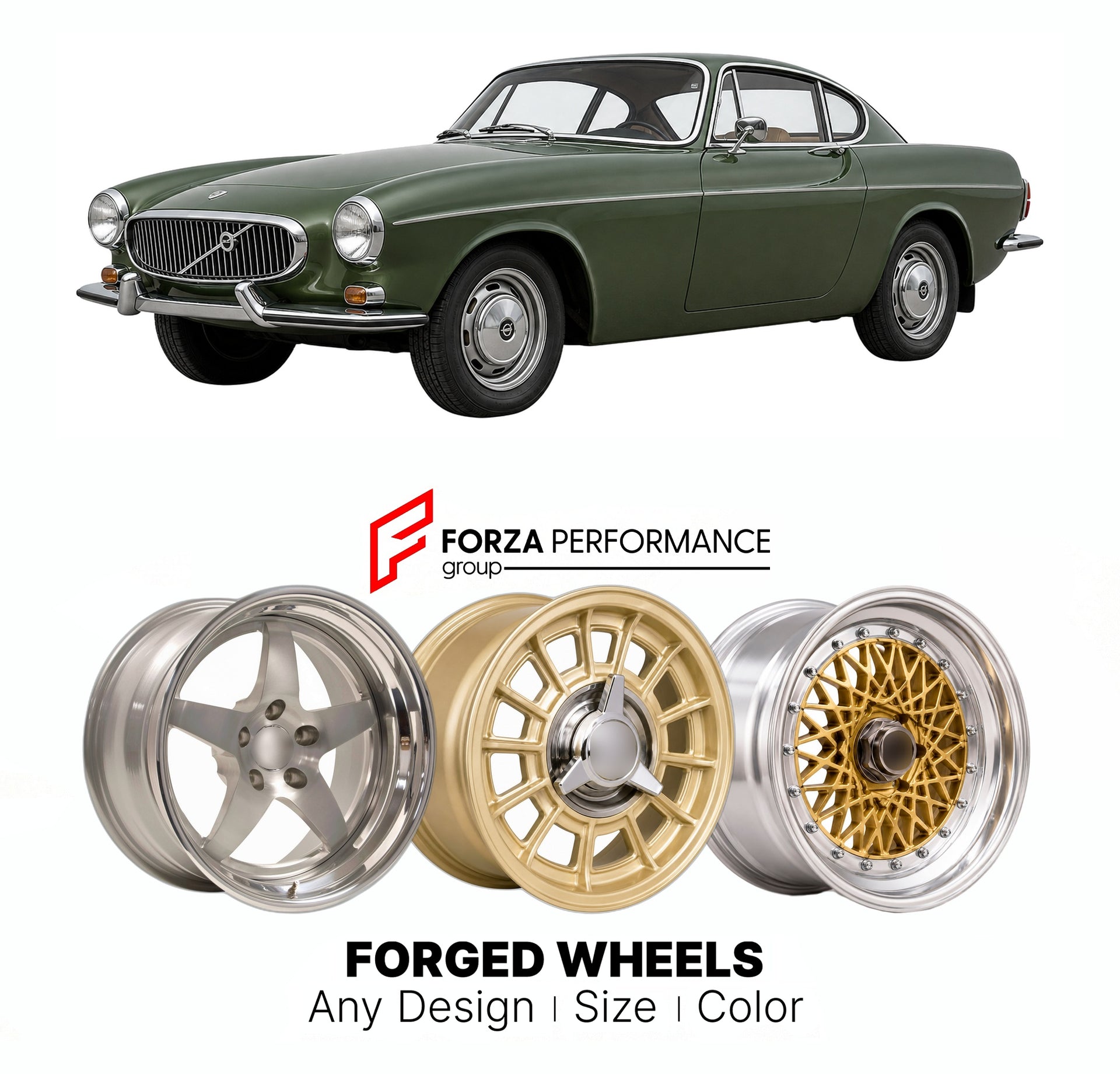 CUSTOM CLASSIC VINTAGE RESTOMOD RETRO OLD SCHOOL FORGED WHEELS RIMS for VOLVO P1800E P1800 COUPE 1969 - 1972

Custom forged wheels for Volvo P1800E P1800 Coupe 1969 - 1972. Classic, vintage, restomod wheel designs made to order in custom sizes, offsets, colors and finishes.

We manufacture premium quality forged wheels rims for Volvo P1800E P1800 Coupe 1969 - 1972 in any design, size, color.

THIS WHEEL DESIGN CAN BE CUSTOM-MADE FOR YOUR CAR IN ANY SIZE AND COLOR OPTIONS
Available in monoblock, 2-piece, 3-p