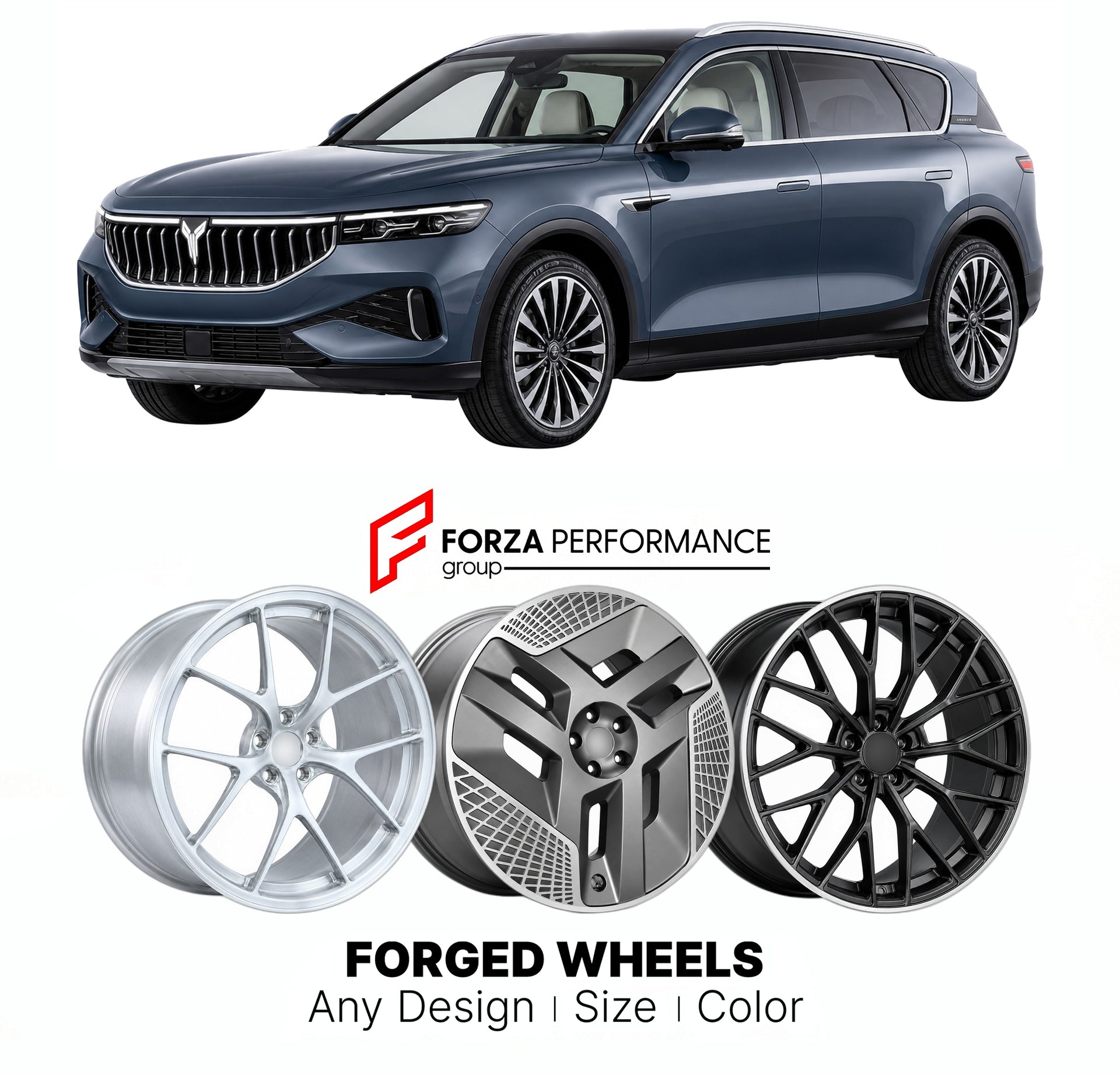 Custom forged wheels for Voyah Dongfeng Free 2021+. Made-to-order monoblock, 2-piece and 3-piece wheels in custom sizes, offsets, colors and finishes with guaranteed vehicle fitment.

We manufacture premium quality forged wheels rims for Voyah Dongfeng Free 2021+ in any design, size, color.

THIS WHEEL DESIGN CAN BE CUSTOM-MADE FOR YOUR CAR IN ANY SIZE AND COLOR OPTIONS
Available in monoblock, 2-piece, 3-piece, duoblock, beadlock
3D wheel renderings are provided according to the exact dimensions and specifi