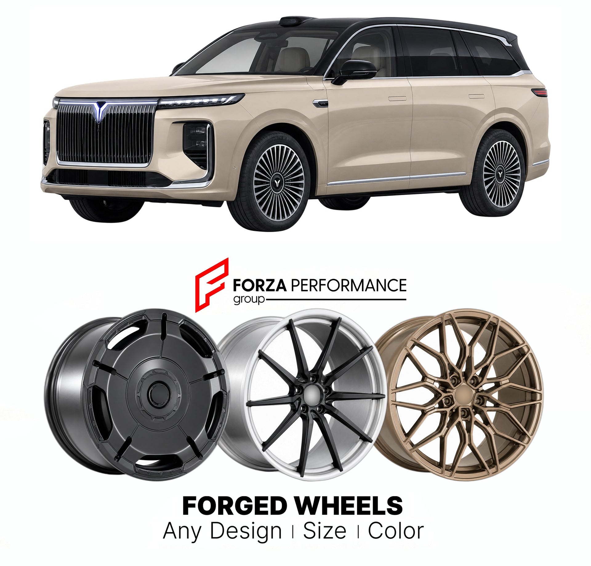 Custom forged wheels for Voyah Dongfeng Taishan 2025+. Made-to-order monoblock, 2-piece and 3-piece wheels in custom sizes, offsets, colors and finishes with guaranteed vehicle fitment.

We manufacture premium quality forged wheels rims for Voyah Dongfeng Taishan 2025+ in any design, size, color.

THIS WHEEL DESIGN CAN BE CUSTOM-MADE FOR YOUR CAR IN ANY SIZE AND COLOR OPTIONS
Available in monoblock, 2-piece, 3-piece, duoblock, beadlock
3D wheel renderings are provided according to the exact dimensions and s