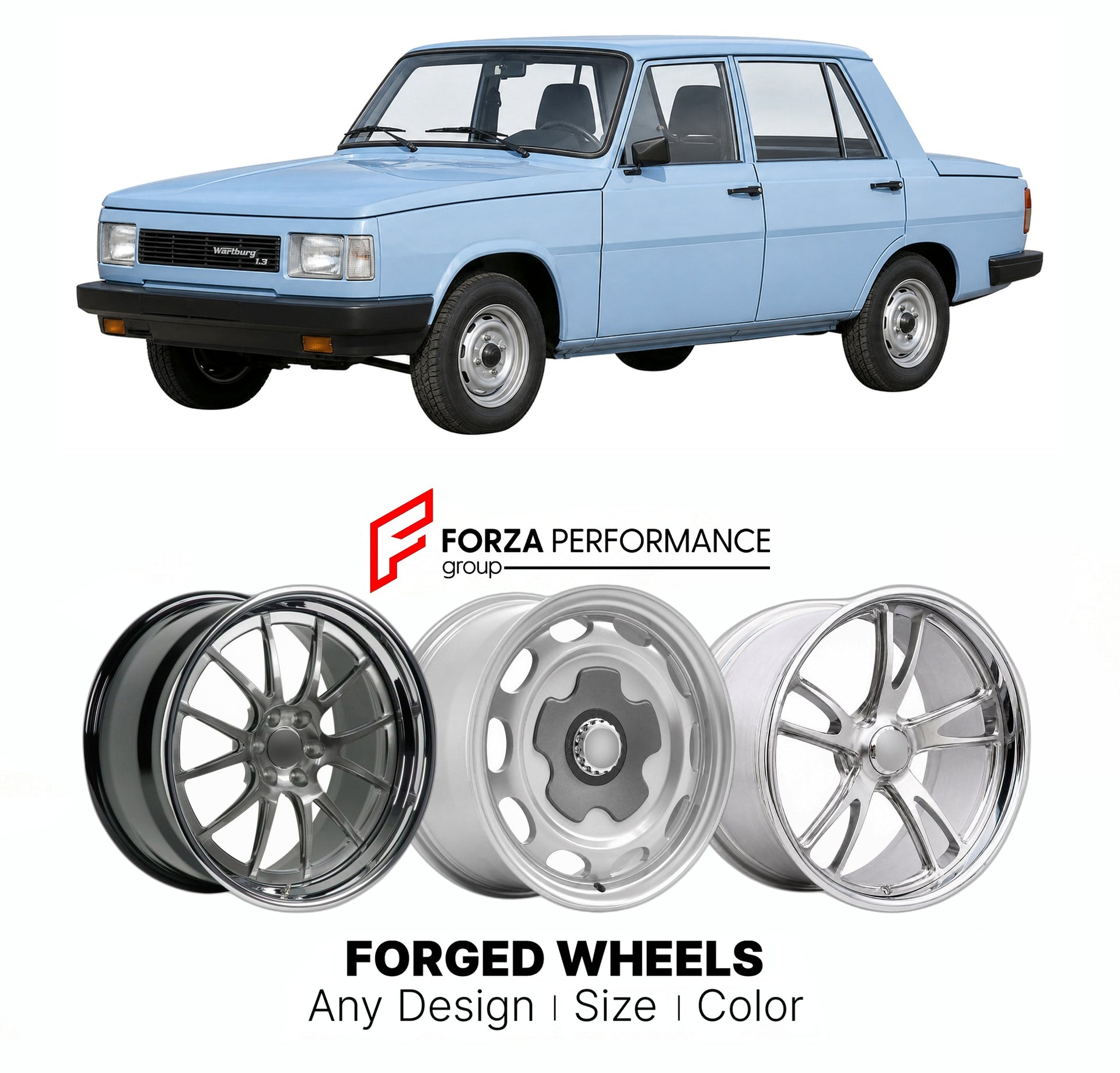 CUSTOM CLASSIC VINTAGE RESTOMOD RETRO OLD SCHOOL FORGED WHEELS RIMS for WARTBURG 1.3 1988 - 1991

Custom forged wheels for Wartburg 1.3 1988 - 1991. Classic, vintage, restomod wheel designs made to order in custom sizes, offsets, colors and finishes.

We manufacture premium quality forged wheels rims for Wartburg 1.3 1988 - 1991 in any design, size, color.

THIS WHEEL DESIGN CAN BE CUSTOM-MADE FOR YOUR CAR IN ANY SIZE AND COLOR OPTIONS
Available in monoblock, 2-piece, 3-piece, duoblock, beadlock
3D wheel re