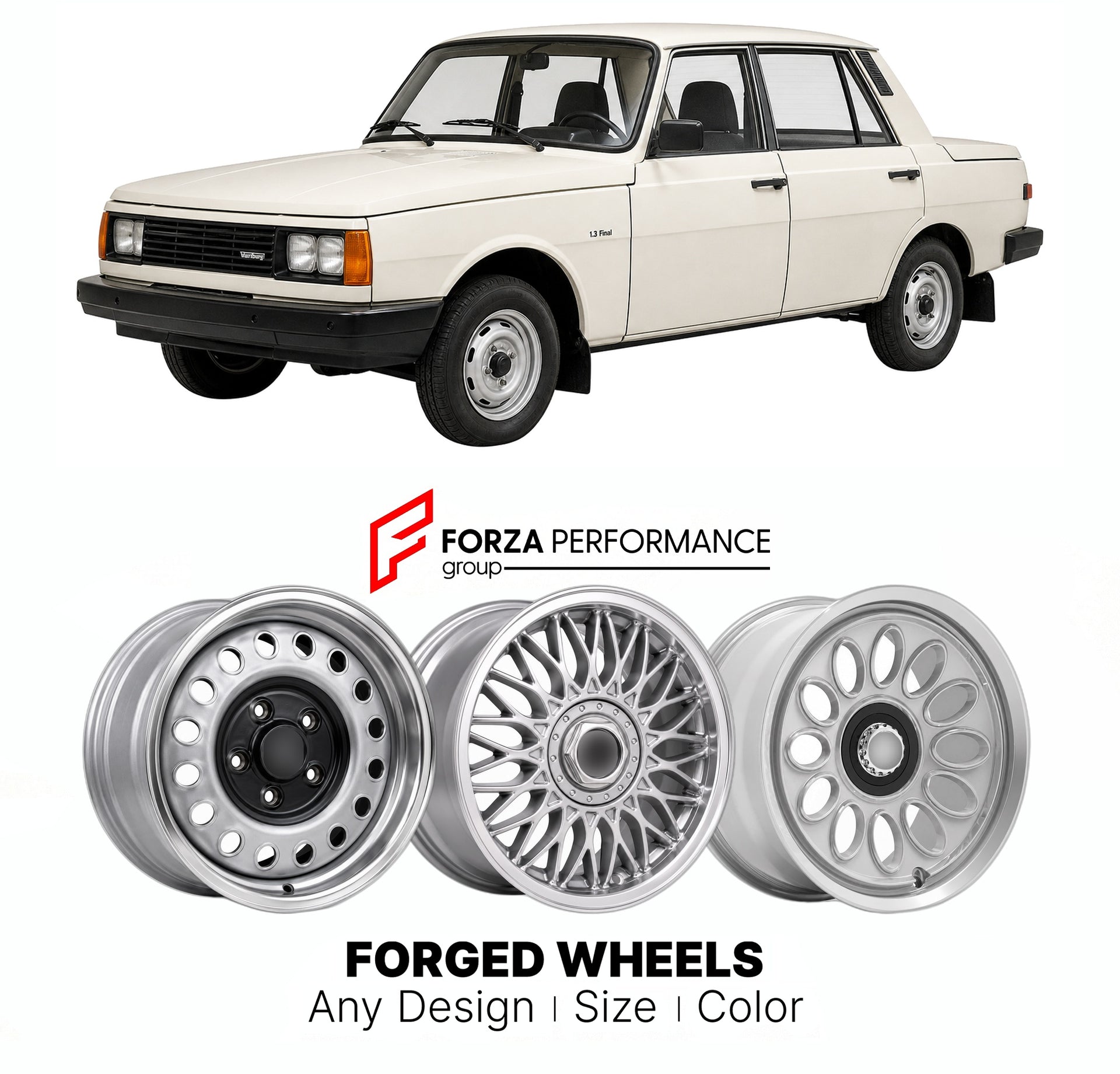 CUSTOM CLASSIC VINTAGE RESTOMOD RETRO OLD SCHOOL FORGED WHEELS RIMS for WARTBURG 1.3 FINAL 1988 - 1991

Custom forged wheels for Wartburg 1.3 Final 1988 - 1991. Classic, vintage, restomod wheel designs made to order in custom sizes, offsets, colors and finishes.

We manufacture premium quality forged wheels rims for Wartburg 1.3 Final 1988 - 1991 in any design, size, color.

THIS WHEEL DESIGN CAN BE CUSTOM-MADE FOR YOUR CAR IN ANY SIZE AND COLOR OPTIONS
Available in monoblock, 2-piece, 3-piece, duoblock, be