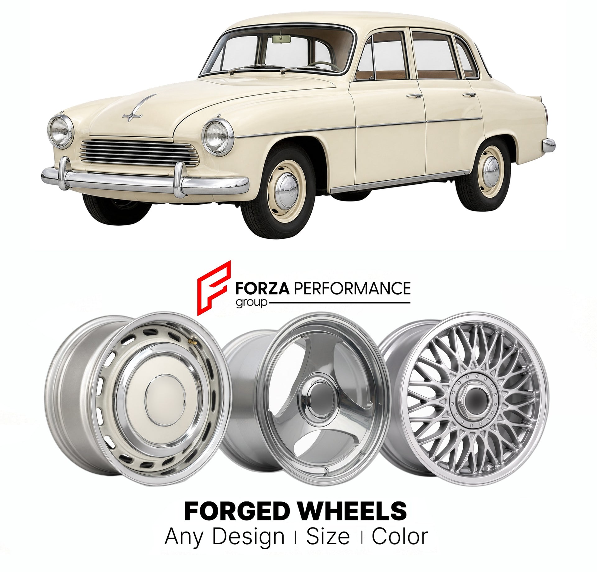 CUSTOM CLASSIC VINTAGE RESTOMOD RETRO OLD SCHOOL FORGED WHEELS RIMS for WARTBURG 311 1956 - 1965

Custom forged wheels for Wartburg 311 1956 - 1965. Classic, vintage, restomod wheel designs made to order in custom sizes, offsets, colors and finishes.

We manufacture premium quality forged wheels rims for Wartburg 311 1956 - 1965 in any design, size, color.

THIS WHEEL DESIGN CAN BE CUSTOM-MADE FOR YOUR CAR IN ANY SIZE AND COLOR OPTIONS
Available in monoblock, 2-piece, 3-piece, duoblock, beadlock
3D wheel re