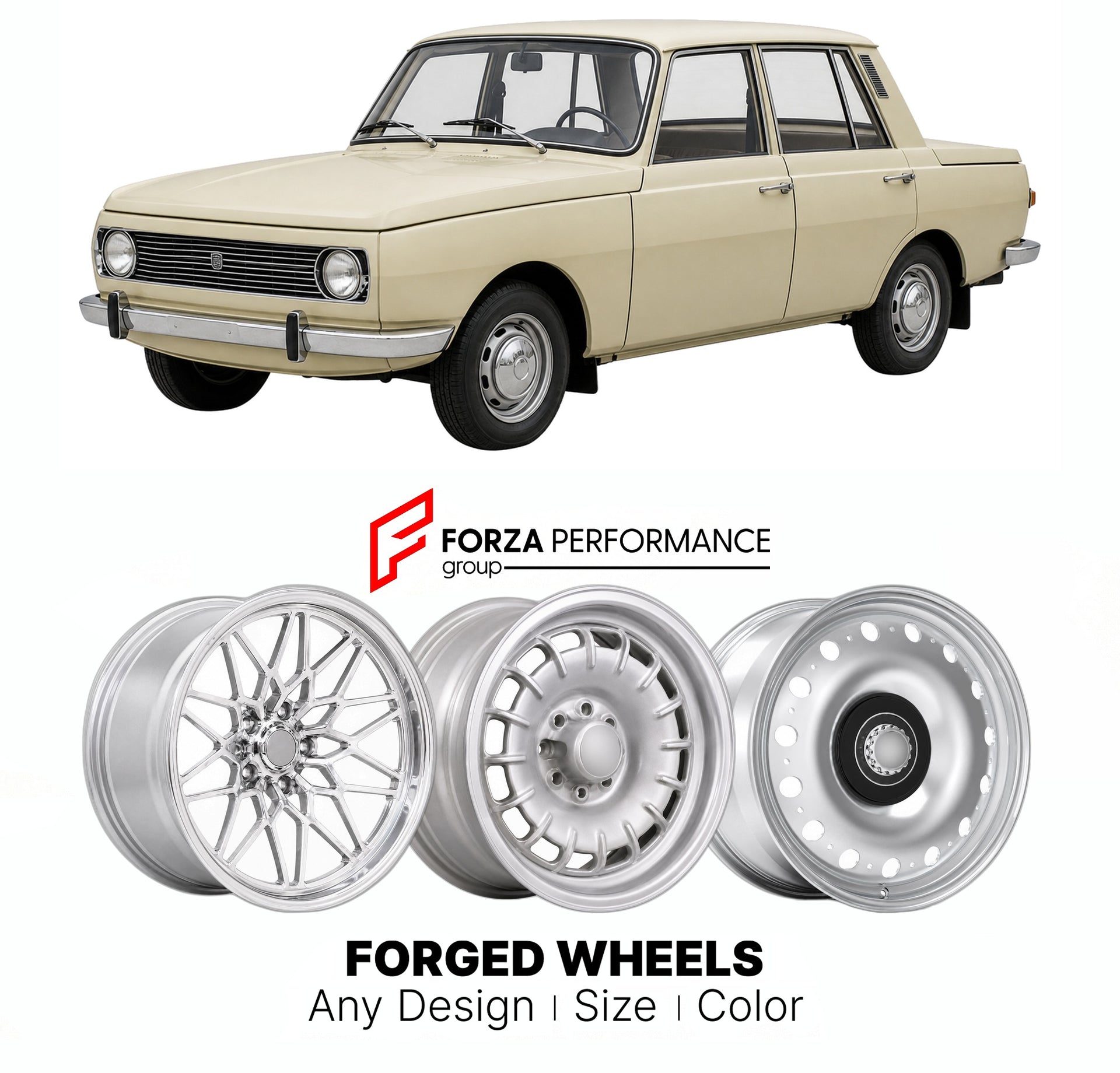 CUSTOM CLASSIC VINTAGE RESTOMOD RETRO OLD SCHOOL FORGED WHEELS RIMS for WARTBURG 353 1966 - 1988

Custom forged wheels for Wartburg 353 1966 - 1988. Classic, vintage, restomod wheel designs made to order in custom sizes, offsets, colors and finishes.

We manufacture premium quality forged wheels rims for Wartburg 353 1966 - 1988 in any design, size, color.

THIS WHEEL DESIGN CAN BE CUSTOM-MADE FOR YOUR CAR IN ANY SIZE AND COLOR OPTIONS
Available in monoblock, 2-piece, 3-piece, duoblock, beadlock
3D wheel re