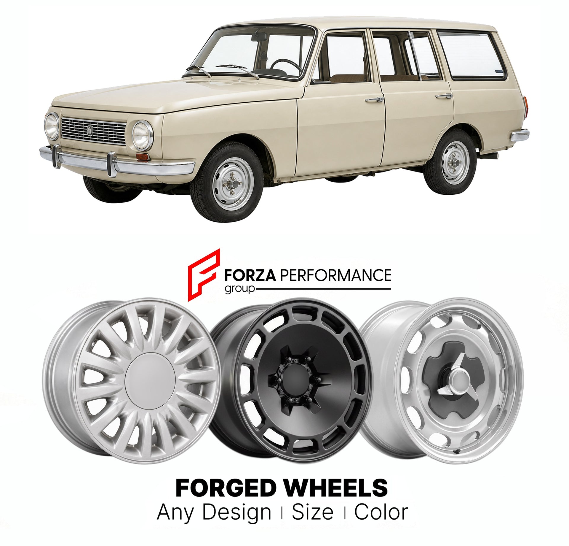 CUSTOM CLASSIC VINTAGE RESTOMOD RETRO OLD SCHOOL FORGED WHEELS RIMS for WARTBURG 353 TOURIST 1966 - 1988

Custom forged wheels for Wartburg 353 Tourist 1966 - 1988. Classic, vintage, restomod wheel designs made to order in custom sizes, offsets, colors and finishes.

We manufacture premium quality forged wheels rims for Wartburg 353 Tourist 1966 - 1988 in any design, size, color.

THIS WHEEL DESIGN CAN BE CUSTOM-MADE FOR YOUR CAR IN ANY SIZE AND COLOR OPTIONS
Available in monoblock, 2-piece, 3-piece, duoblo