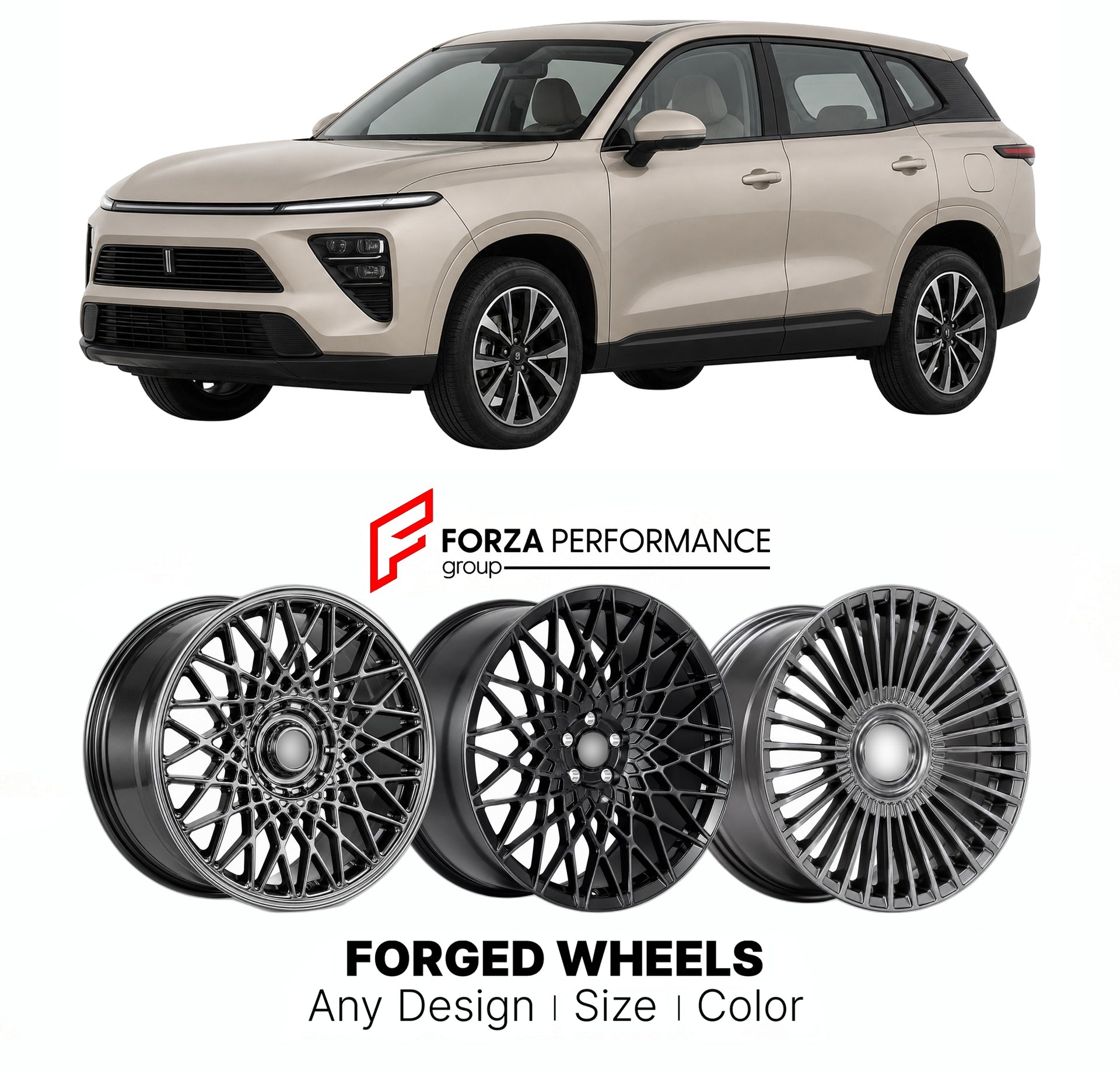 Custom forged wheels for Wey GWM 03 Coffee 02 2022+. Made-to-order monoblock, 2-piece and 3-piece wheels in custom sizes, offsets, colors and finishes with guaranteed vehicle fitment.

We manufacture premium quality forged wheels rims for Wey GWM 03 Coffee 02 2022+ in any design, size, color.

THIS WHEEL DESIGN CAN BE CUSTOM-MADE FOR YOUR CAR IN ANY SIZE AND COLOR OPTIONS
Available in monoblock, 2-piece, 3-piece, duoblock, beadlock
3D wheel renderings are provided according to the exact dimensions and speci
