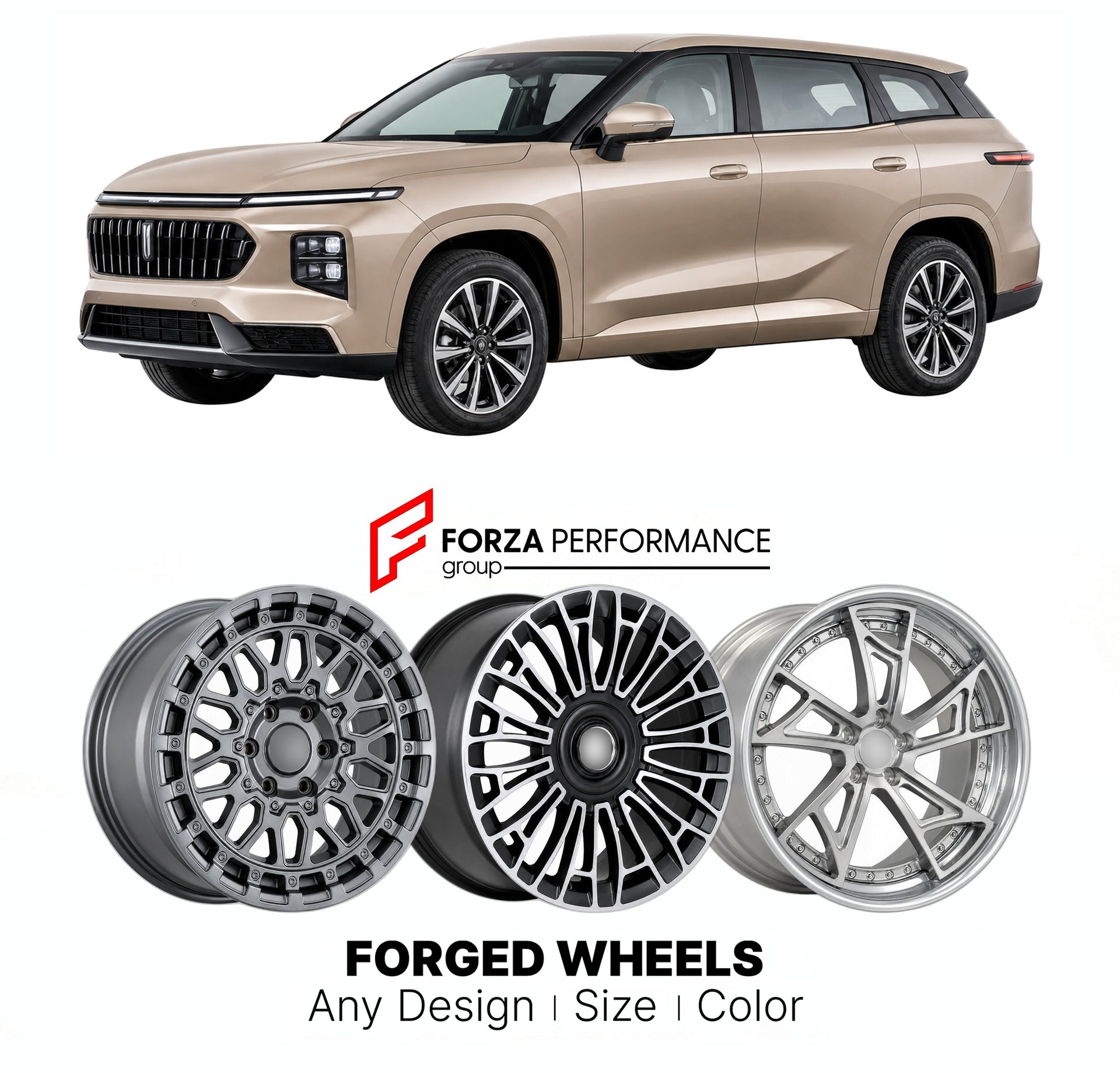 Custom forged wheels for Wey GWM 05 Coffee 01 2021+. Made-to-order monoblock, 2-piece and 3-piece wheels in custom sizes, offsets, colors and finishes with guaranteed vehicle fitment.

We manufacture premium quality forged wheels rims for Wey GWM 05 Coffee 01 2021+ in any design, size, color.

THIS WHEEL DESIGN CAN BE CUSTOM-MADE FOR YOUR CAR IN ANY SIZE AND COLOR OPTIONS
Available in monoblock, 2-piece, 3-piece, duoblock, beadlock
3D wheel renderings are provided according to the exact dimensions and speci