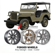 CUSTOM CLASSIC VINTAGE RESTOMOD RETRO OLD SCHOOL FORGED WHEELS RIMS for WILLYS CJ-3B 1958 - 1968
Custom forged wheels for classic American muscle cars. Ideal for restomod builds, vintage restorations, and show cars. Deep dish and retro styling available.

We manufacture premium quality forged wheels rims for Willys CJ-3B 1958 - 1968 in any design, size, color.

THIS WHEEL DESIGN CAN BE CUSTOM-MADE FOR YOUR CAR IN ANY SIZE AND COLOR OPTIONS
Available in monoblock, 2-piece, 3-piece, duoblock, beadlock
3D whee