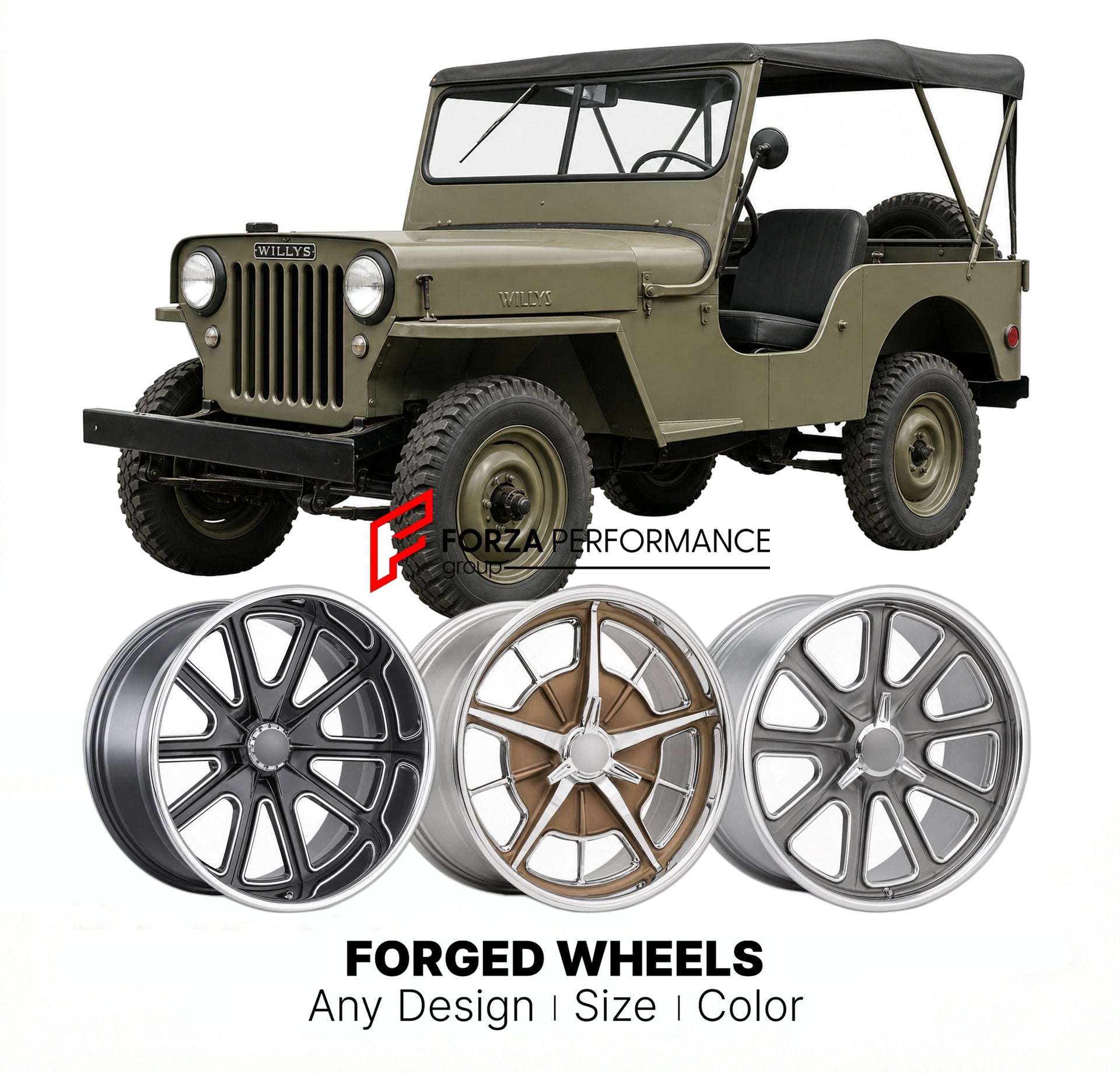 CUSTOM CLASSIC VINTAGE RESTOMOD RETRO OLD SCHOOL FORGED WHEELS RIMS for WILLYS CJ-3B 1958 - 1968
Custom forged wheels for classic American muscle cars. Ideal for restomod builds, vintage restorations, and show cars. Deep dish and retro styling available.

We manufacture premium quality forged wheels rims for Willys CJ-3B 1958 - 1968 in any design, size, color.

THIS WHEEL DESIGN CAN BE CUSTOM-MADE FOR YOUR CAR IN ANY SIZE AND COLOR OPTIONS
Available in monoblock, 2-piece, 3-piece, duoblock, beadlock
3D whee