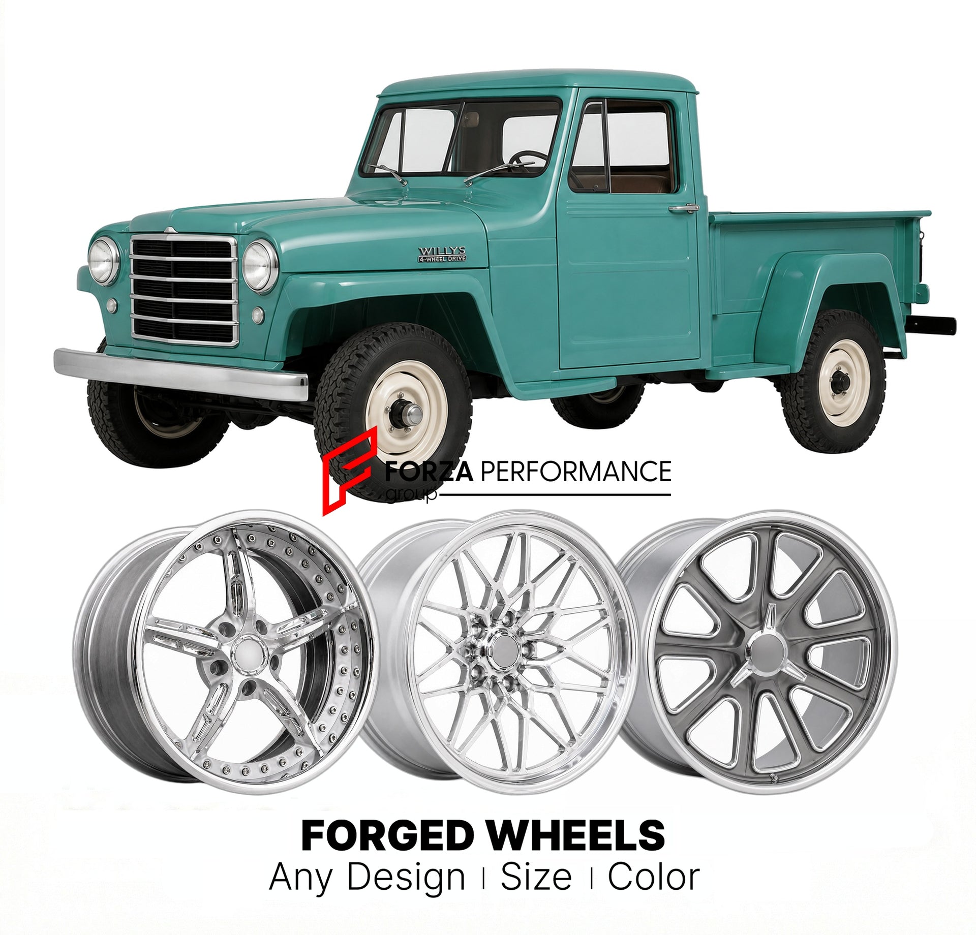 CUSTOM CLASSIC VINTAGE RESTOMOD RETRO OLD SCHOOL FORGED WHEELS RIMS for WILLYS TRUCK 1958 - 1965
Custom forged wheels for classic American muscle cars. Ideal for restomod builds, vintage restorations, and show cars. Deep dish and retro styling available.

We manufacture premium quality forged wheels rims for Willys Truck 1958 - 1965 in any design, size, color.

THIS WHEEL DESIGN CAN BE CUSTOM-MADE FOR YOUR CAR IN ANY SIZE AND COLOR OPTIONS
Available in monoblock, 2-piece, 3-piece, duoblock, beadlock
3D whee