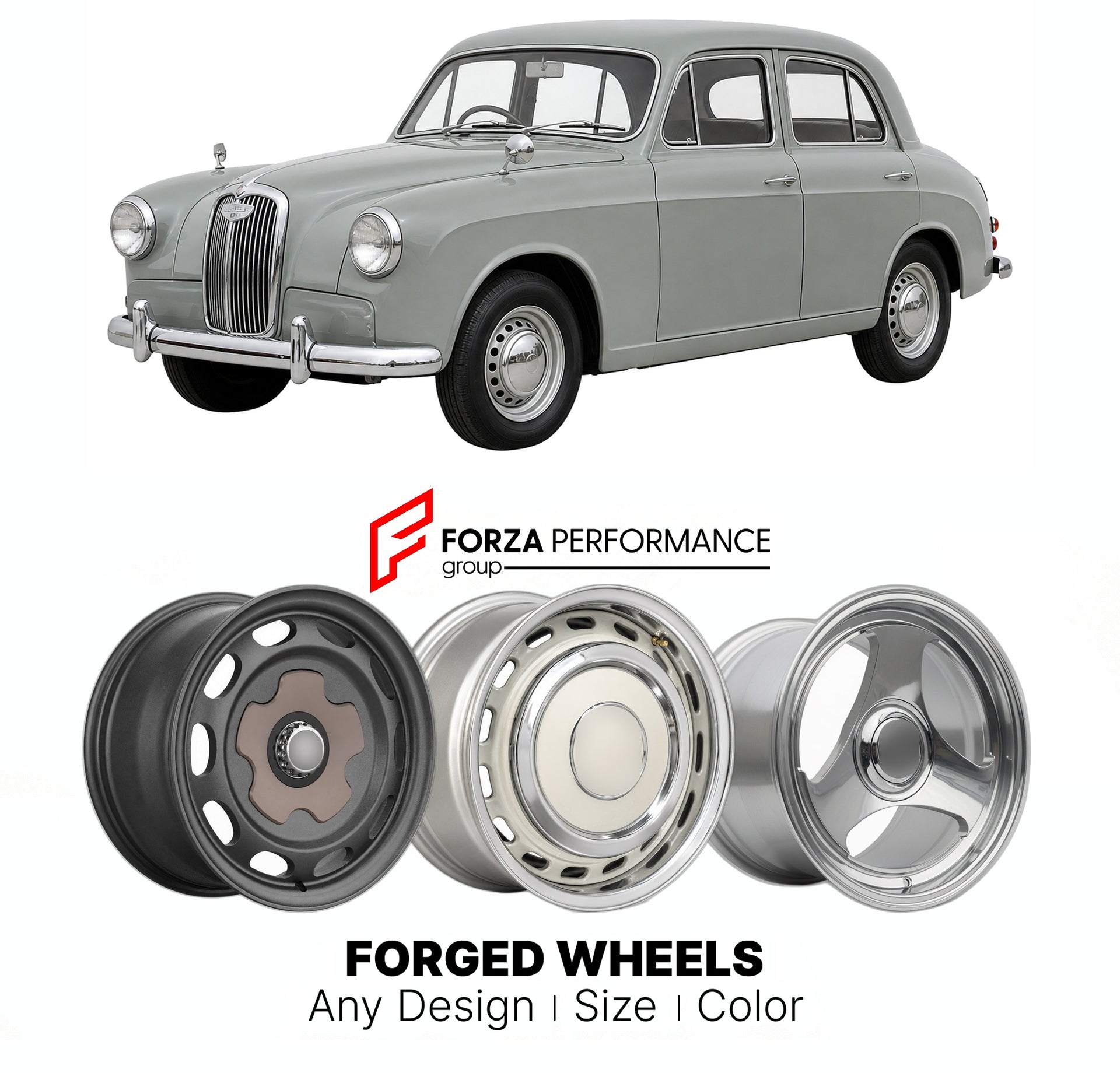 CUSTOM CLASSIC VINTAGE RESTOMOD RETRO OLD SCHOOL FORGED WHEELS RIMS for WOLSELEY 1500 1957 - 1965

Custom forged wheels for Wolseley 1500 1957 - 1965. Classic, vintage, restomod wheel designs made to order in custom sizes, offsets, colors and finishes.

We manufacture premium quality forged wheels rims for Wolseley 1500 1957 - 1965 in any design, size, color.

THIS WHEEL DESIGN CAN BE CUSTOM-MADE FOR YOUR CAR IN ANY SIZE AND COLOR OPTIONS
Available in monoblock, 2-piece, 3-piece, duoblock, beadlock
3D wheel