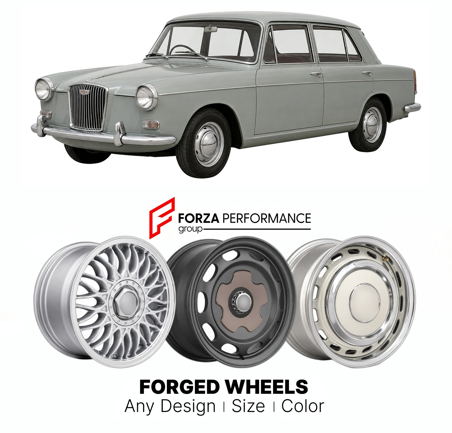CUSTOM CLASSIC VINTAGE RESTOMOD RETRO OLD SCHOOL FORGED WHEELS RIMS for WOLSELEY 18 85 ADO17 LANDCRAB 1967 - 1972

Custom forged wheels for Wolseley 18 85 ADO17 Landcrab 1967 - 1972. Classic, vintage, restomod wheel designs made to order in custom sizes, offsets, colors and finishes.

We manufacture premium quality forged wheels rims for Wolseley 18 85 ADO17 Landcrab 1967 - 1972 in any design, size, color.

THIS WHEEL DESIGN CAN BE CUSTOM-MADE FOR YOUR CAR IN ANY SIZE AND COLOR OPTIONS
Available in monobloc
