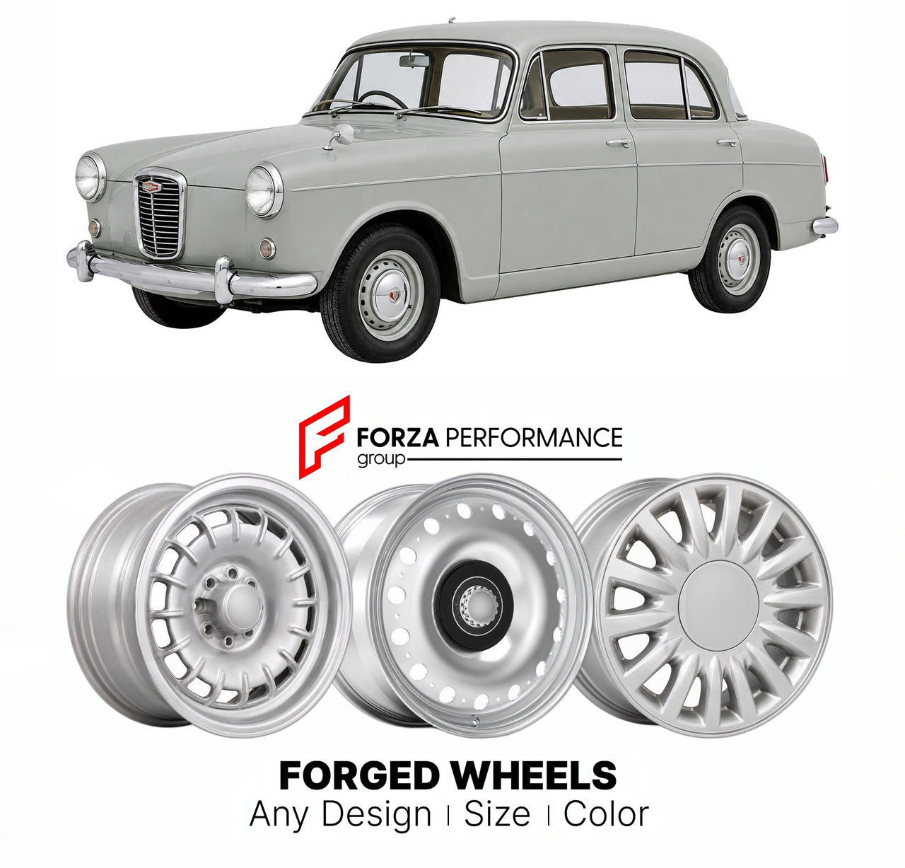 CUSTOM CLASSIC VINTAGE RESTOMOD RETRO OLD SCHOOL FORGED WHEELS RIMS for WOLSELEY 6 110 ADO53 1961 - 1968

Custom forged wheels for Wolseley 6 110 ADO53 1961 - 1968. Classic, vintage, restomod wheel designs made to order in custom sizes, offsets, colors and finishes.

We manufacture premium quality forged wheels rims for Wolseley 6 110 ADO53 1961 - 1968 in any design, size, color.

THIS WHEEL DESIGN CAN BE CUSTOM-MADE FOR YOUR CAR IN ANY SIZE AND COLOR OPTIONS
Available in monoblock, 2-piece, 3-piece, duoblo