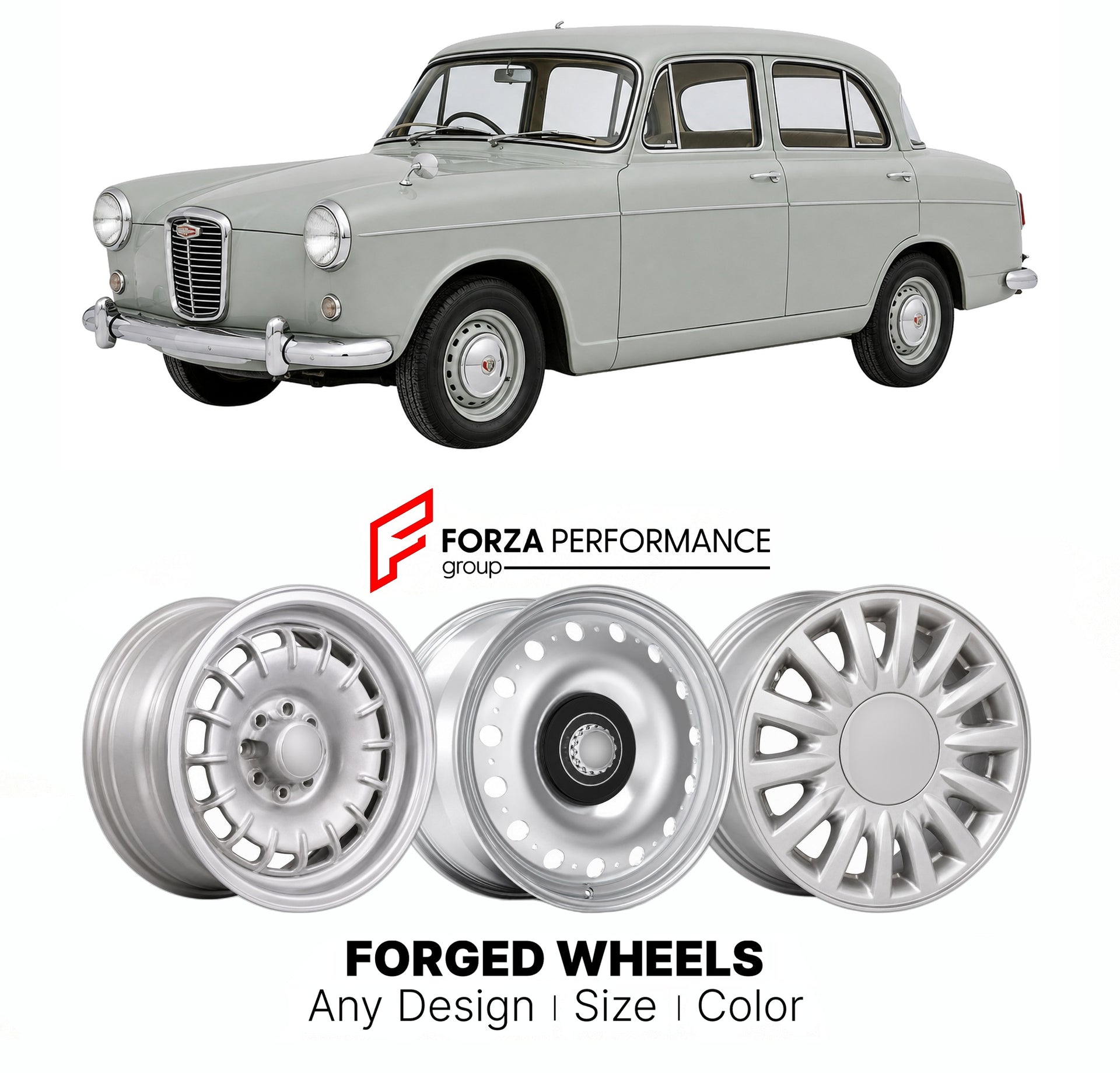 CUSTOM CLASSIC VINTAGE RESTOMOD RETRO OLD SCHOOL FORGED WHEELS RIMS for WOLSELEY 6 110 ADO53 1961 - 1968

Custom forged wheels for Wolseley 6 110 ADO53 1961 - 1968. Classic, vintage, restomod wheel designs made to order in custom sizes, offsets, colors and finishes.

We manufacture premium quality forged wheels rims for Wolseley 6 110 ADO53 1961 - 1968 in any design, size, color.

THIS WHEEL DESIGN CAN BE CUSTOM-MADE FOR YOUR CAR IN ANY SIZE AND COLOR OPTIONS
Available in monoblock, 2-piece, 3-piece, duoblo
