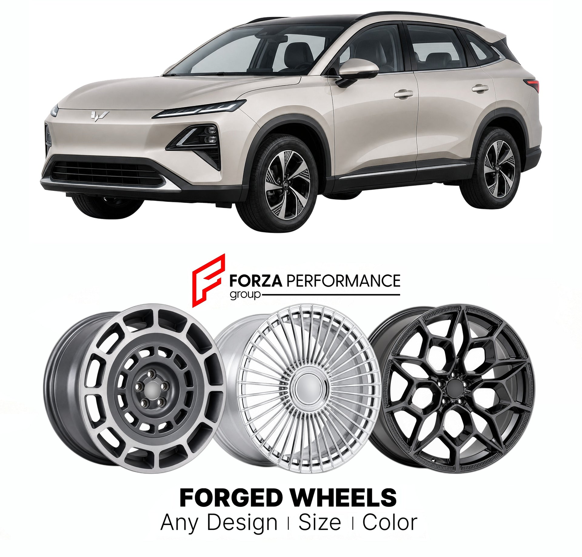 Custom forged wheels for Wuling SAIC-GM-Wuling Starlight S 2024+. Made-to-order monoblock, 2-piece and 3-piece wheels in custom sizes, offsets, colors and finishes with guaranteed vehicle fitment.

We manufacture premium quality forged wheels rims for Wuling SAIC-GM-Wuling Starlight S 2024+ in any design, size, color.

THIS WHEEL DESIGN CAN BE CUSTOM-MADE FOR YOUR CAR IN ANY SIZE AND COLOR OPTIONS
Available in monoblock, 2-piece, 3-piece, duoblock, beadlock
3D wheel renderings are provided according to the 