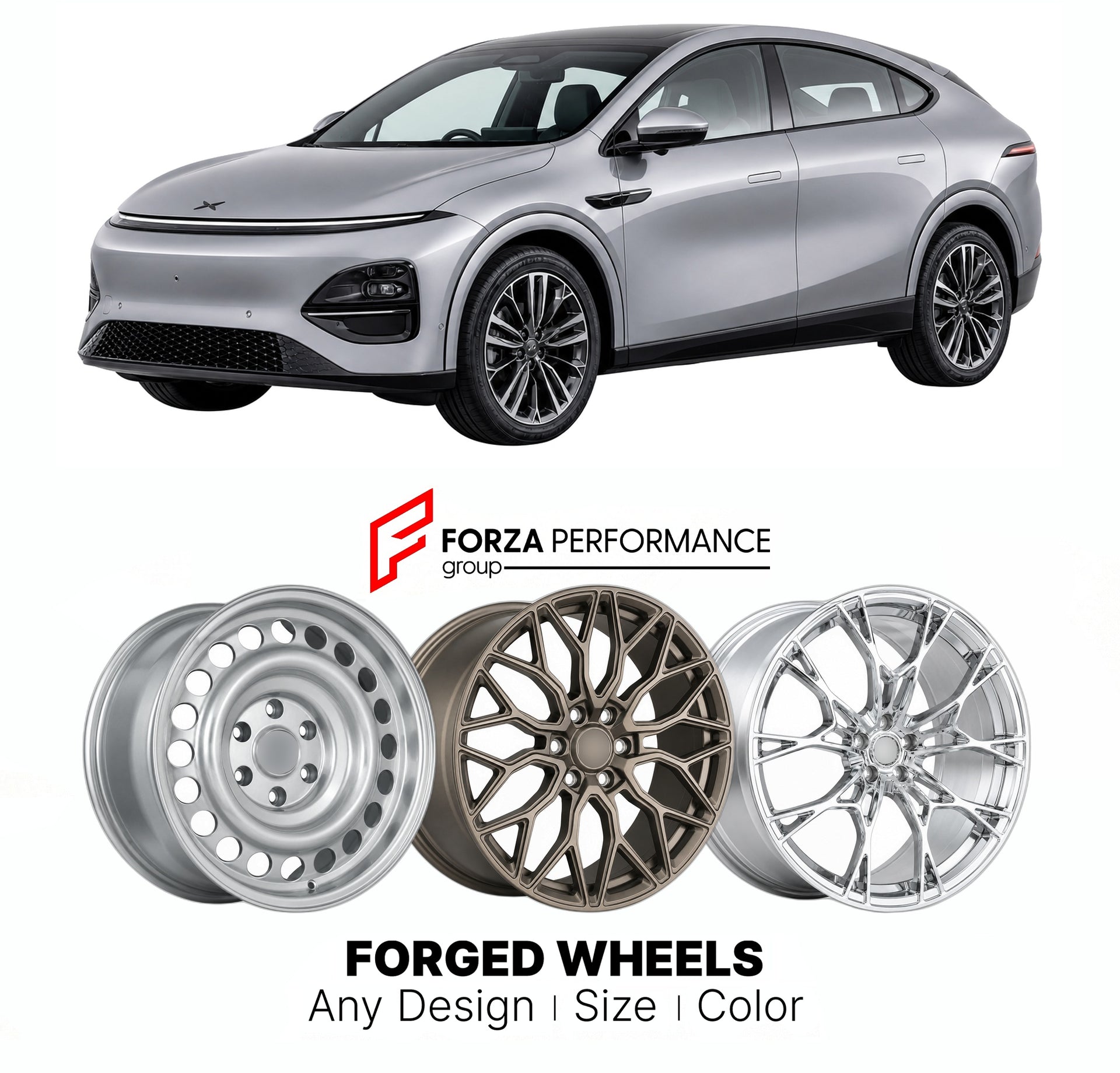 Custom forged wheels for XPeng G6 2023+. Made-to-order monoblock, 2-piece and 3-piece wheels in custom sizes, offsets, colors and finishes with guaranteed vehicle fitment.

We manufacture premium quality forged wheels rims for XPeng G6 2023+ in any design, size, color.

THIS WHEEL DESIGN CAN BE CUSTOM-MADE FOR YOUR CAR IN ANY SIZE AND COLOR OPTIONS
Available in monoblock, 2-piece, 3-piece, duoblock, beadlock
3D wheel renderings are provided according to the exact dimensions and specifications requested by t