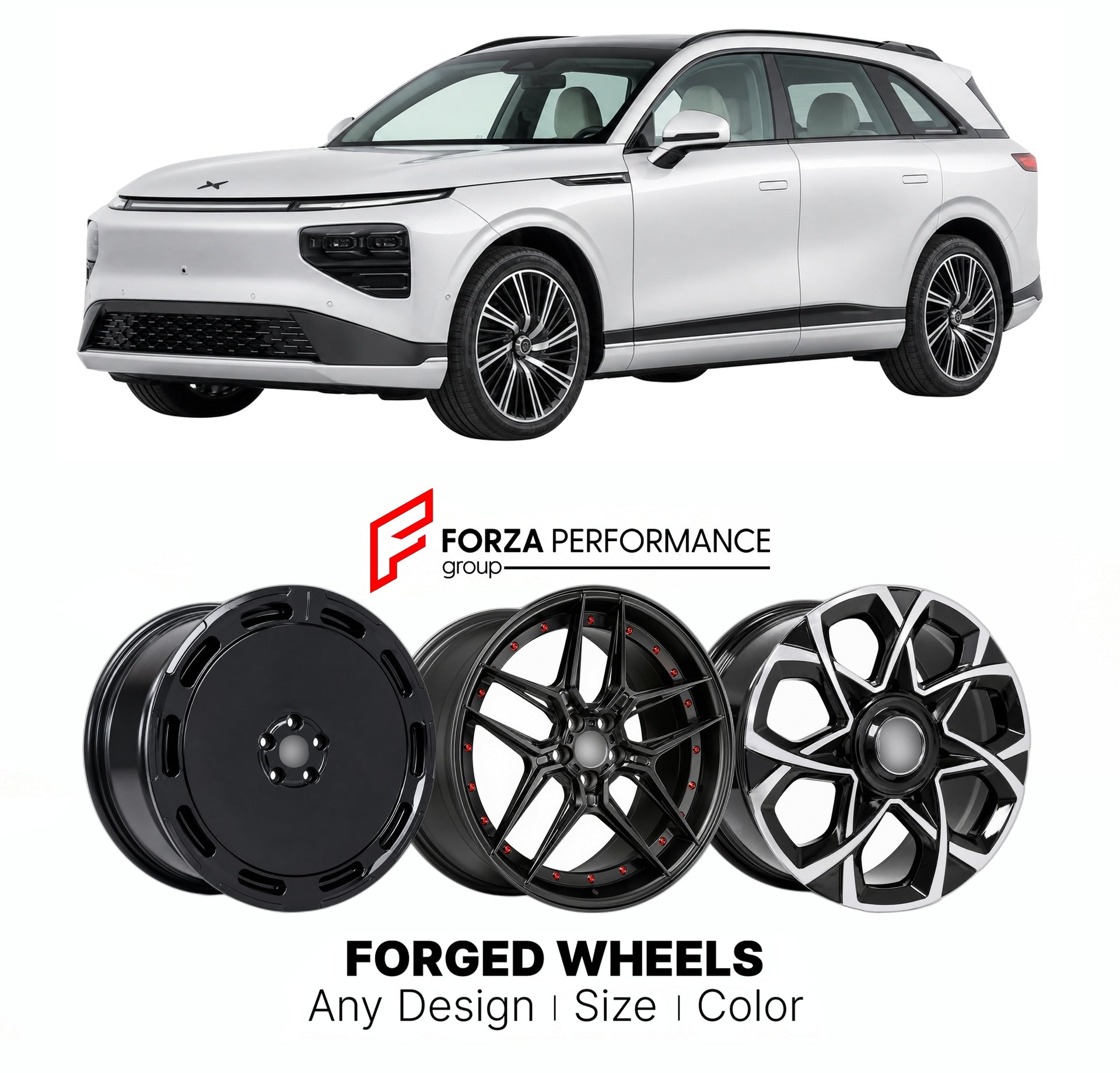 Custom forged wheels for XPeng G9 2022+. Made-to-order monoblock, 2-piece and 3-piece wheels in custom sizes, offsets, colors and finishes with guaranteed vehicle fitment.

We manufacture premium quality forged wheels rims for XPeng G9 2022+ in any design, size, color.

THIS WHEEL DESIGN CAN BE CUSTOM-MADE FOR YOUR CAR IN ANY SIZE AND COLOR OPTIONS
Available in monoblock, 2-piece, 3-piece, duoblock, beadlock
3D wheel renderings are provided according to the exact dimensions and specifications requested by t