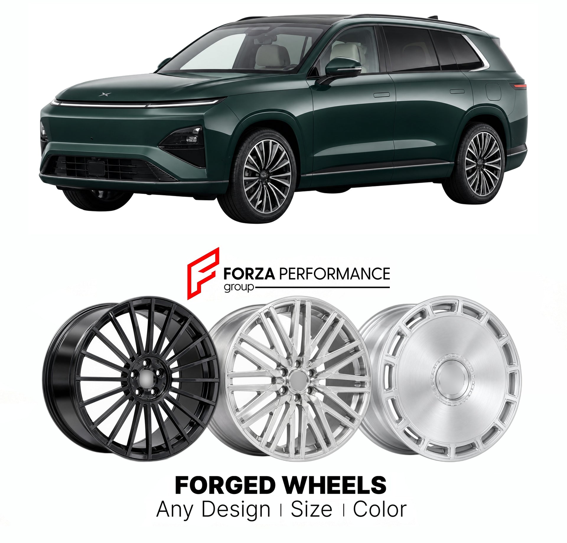 Custom forged wheels for XPeng GX 2026+. Made-to-order monoblock, 2-piece and 3-piece wheels in custom sizes, offsets, colors and finishes with guaranteed vehicle fitment.

We manufacture premium quality forged wheels rims for XPeng GX 2026+ in any design, size, color.

THIS WHEEL DESIGN CAN BE CUSTOM-MADE FOR YOUR CAR IN ANY SIZE AND COLOR OPTIONS
Available in monoblock, 2-piece, 3-piece, duoblock, beadlock
3D wheel renderings are provided according to the exact dimensions and specifications requested by t
