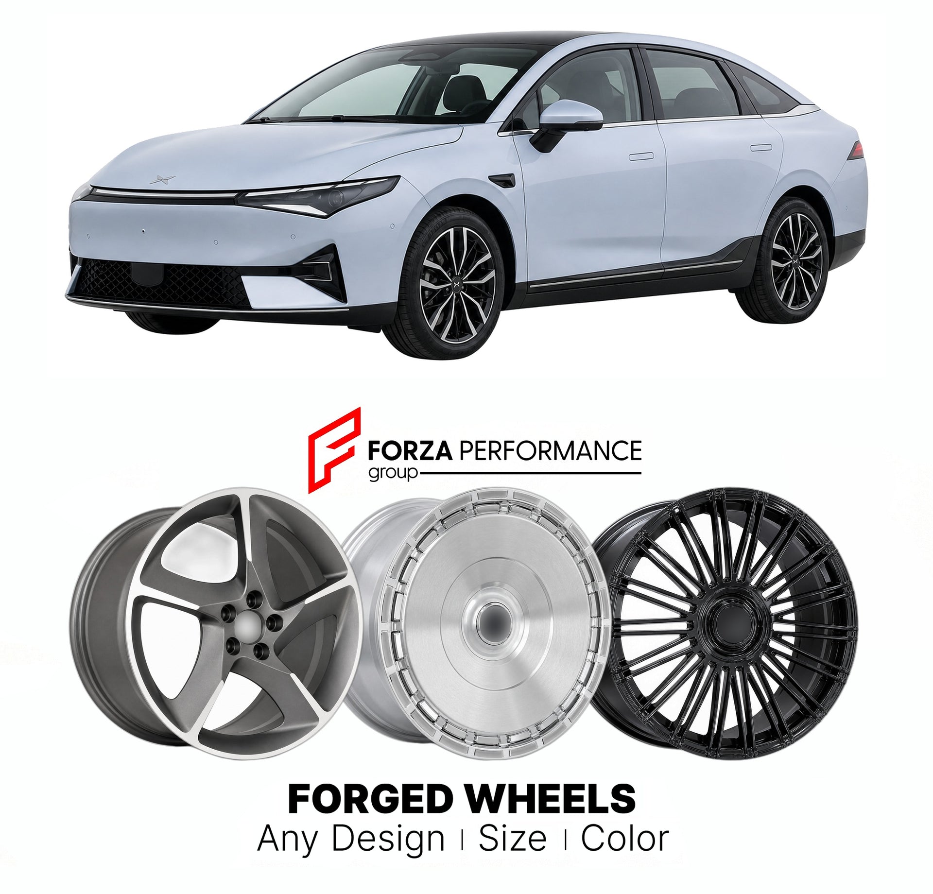 Custom forged wheels for XPeng P5 2021+. Made-to-order monoblock, 2-piece and 3-piece wheels in custom sizes, offsets, colors and finishes with guaranteed vehicle fitment.

We manufacture premium quality forged wheels rims for XPeng P5 2021+ in any design, size, color.

THIS WHEEL DESIGN CAN BE CUSTOM-MADE FOR YOUR CAR IN ANY SIZE AND COLOR OPTIONS
Available in monoblock, 2-piece, 3-piece, duoblock, beadlock
3D wheel renderings are provided according to the exact dimensions and specifications requested by t